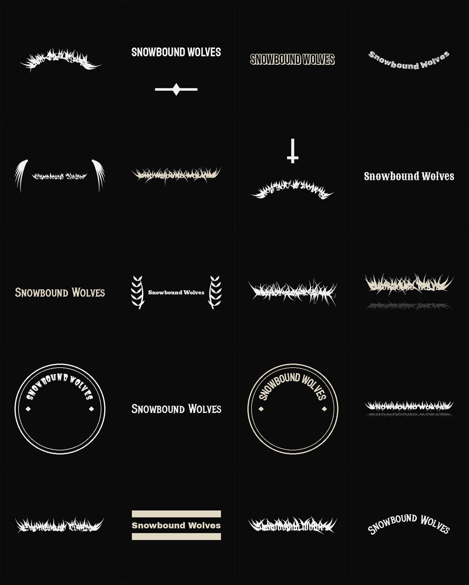 Twenty Snowbound Wolves band logo ideas — different faces, treatments and spike settings