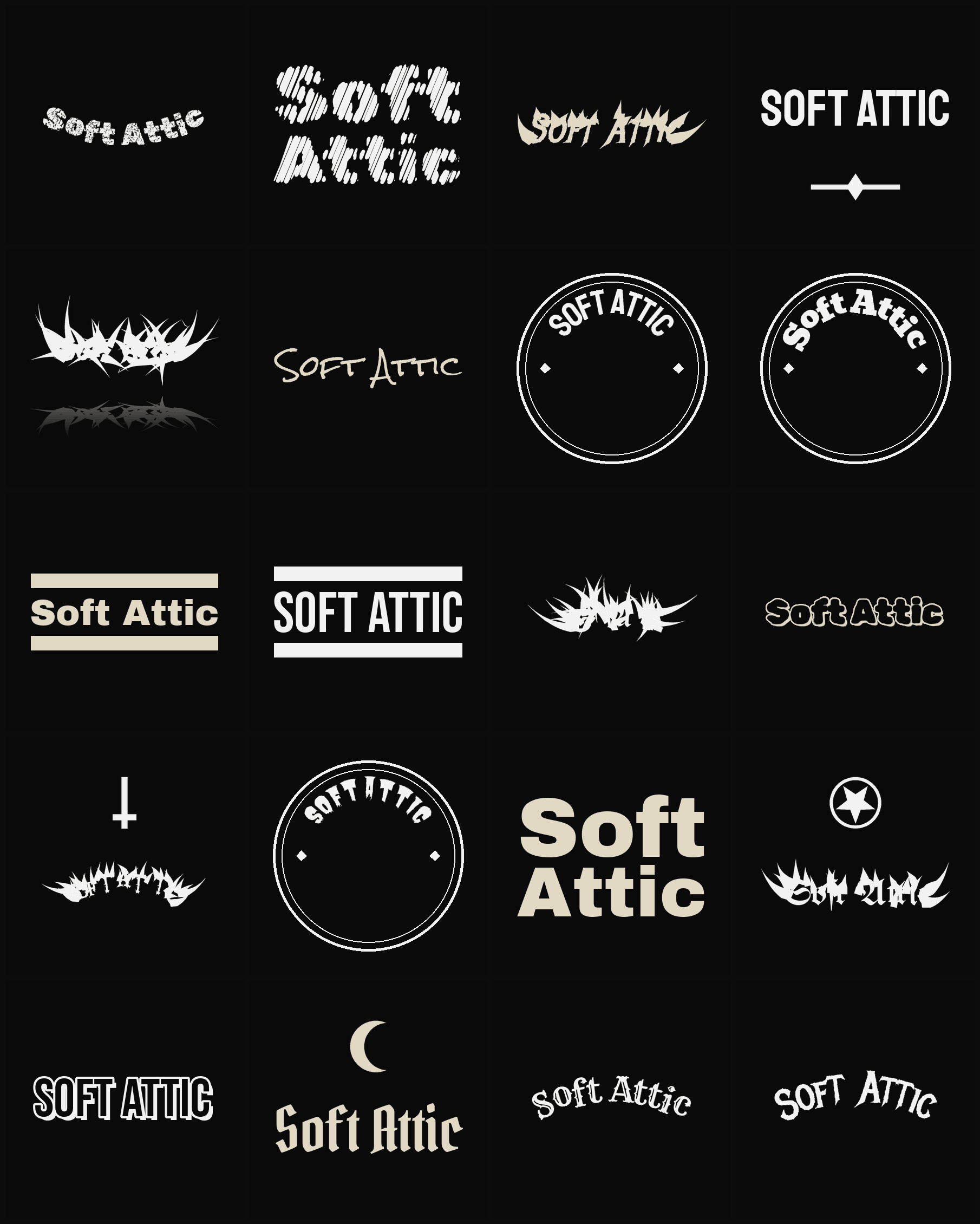 Twenty Soft Attic band logo ideas — different faces, treatments and spike settings