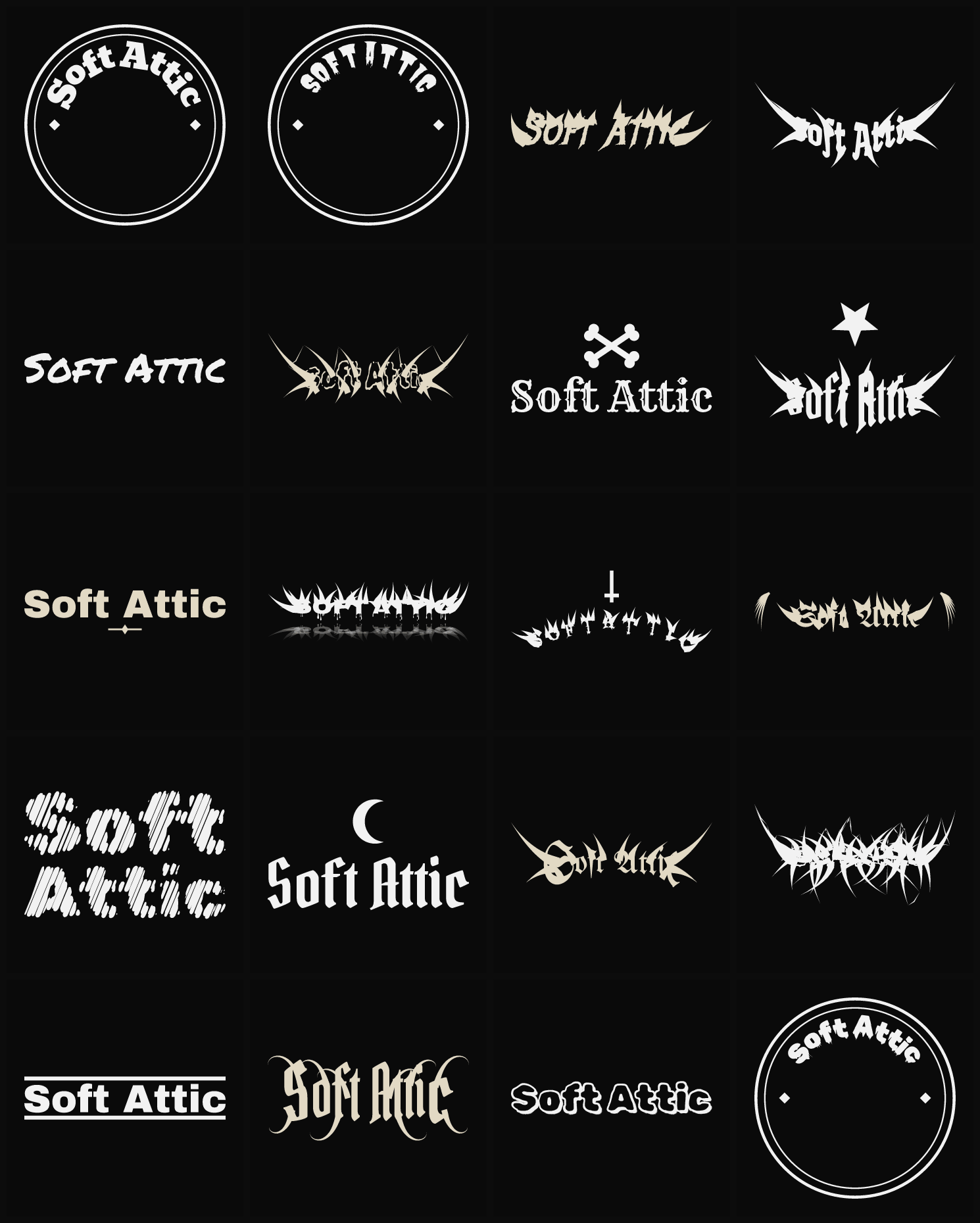 Twenty Soft Attic band logo ideas — different faces, treatments and spike settings