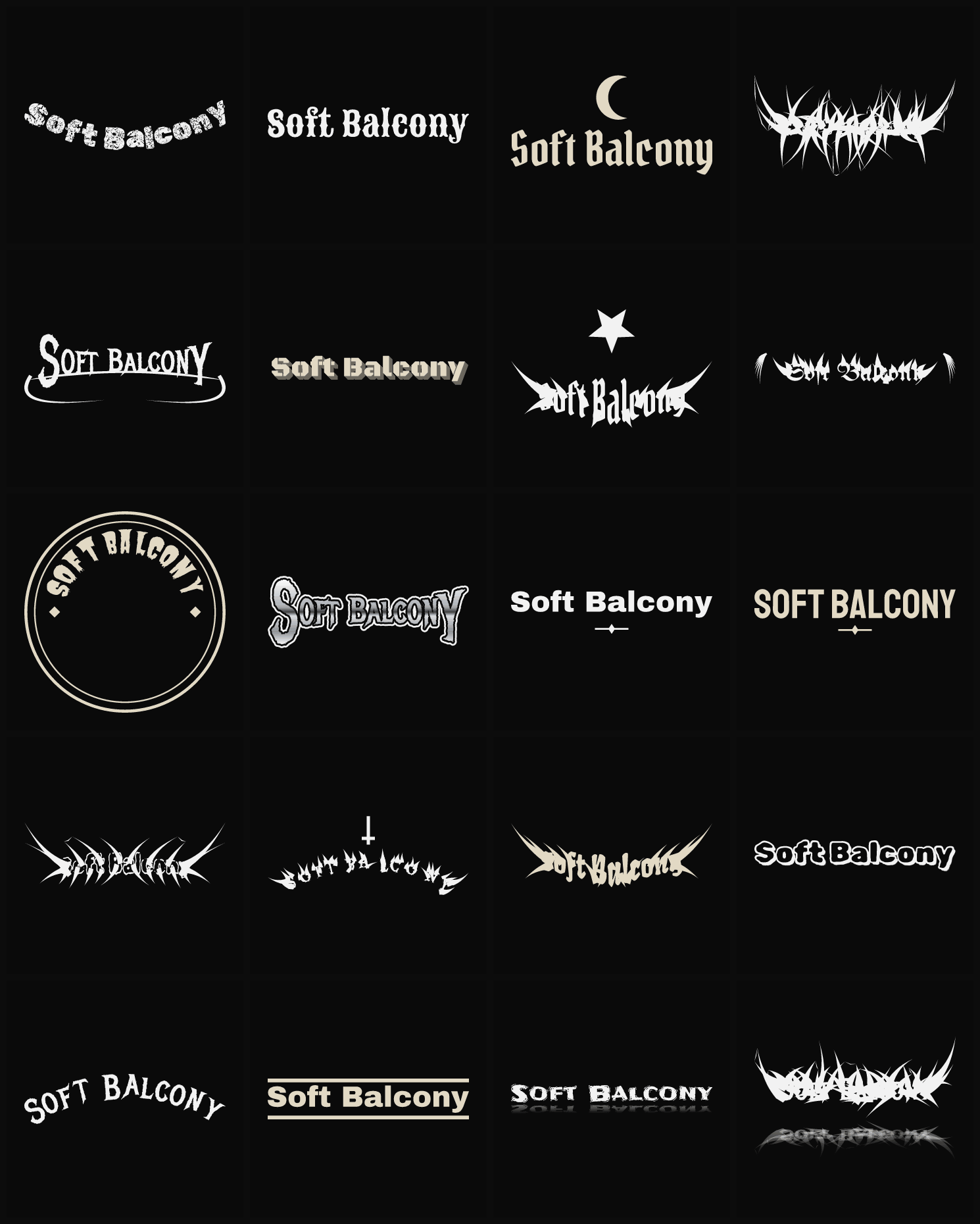 Twenty Soft Balcony band logo ideas — different faces, treatments and spike settings