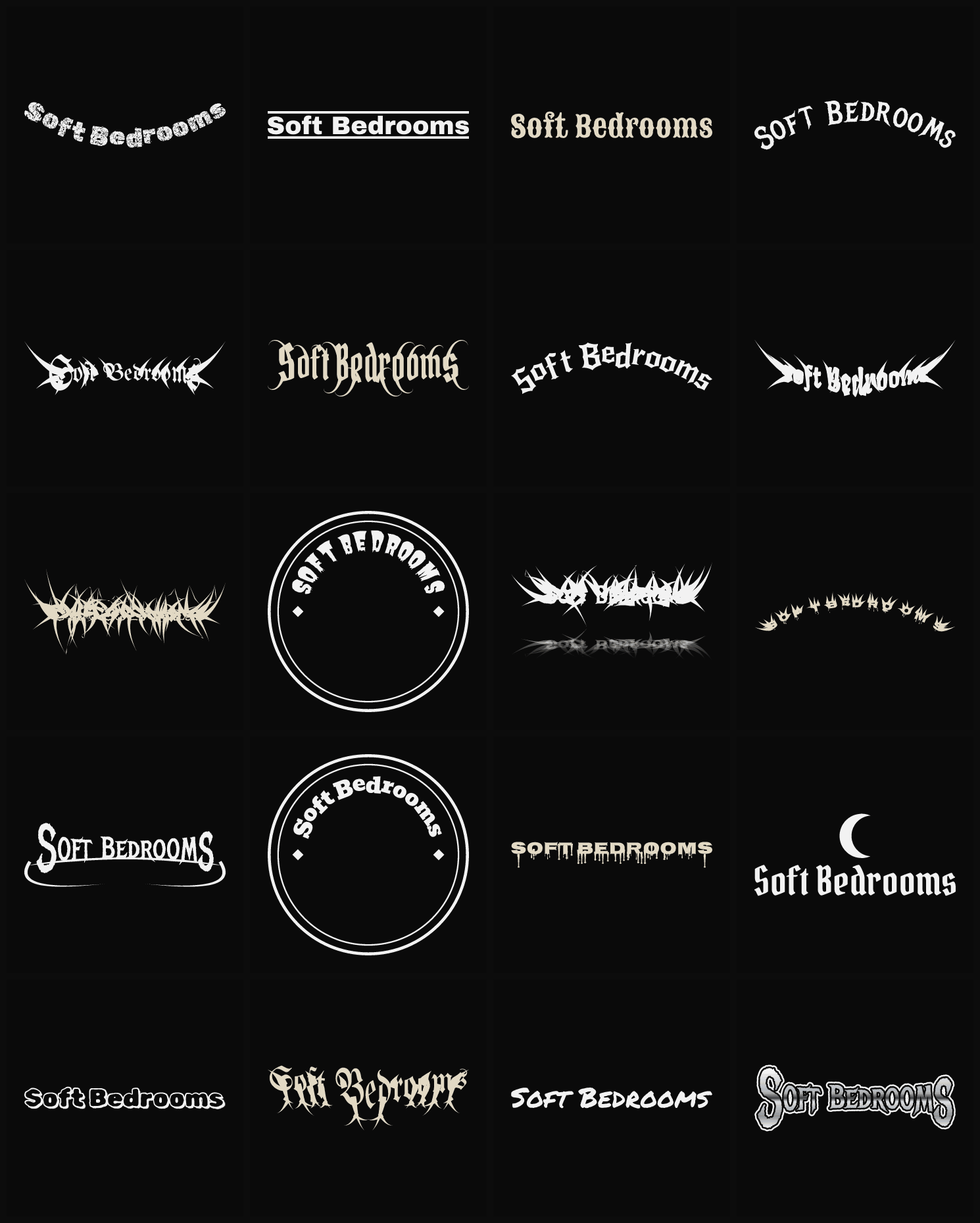 Twenty Soft Bedrooms band logo ideas — different faces, treatments and spike settings