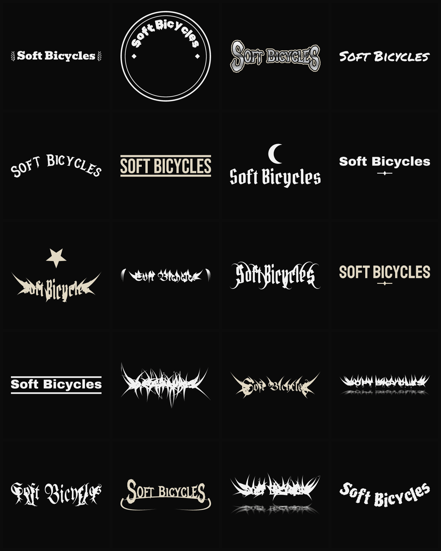 Twenty Soft Bicycles band logo ideas — different faces, treatments and spike settings