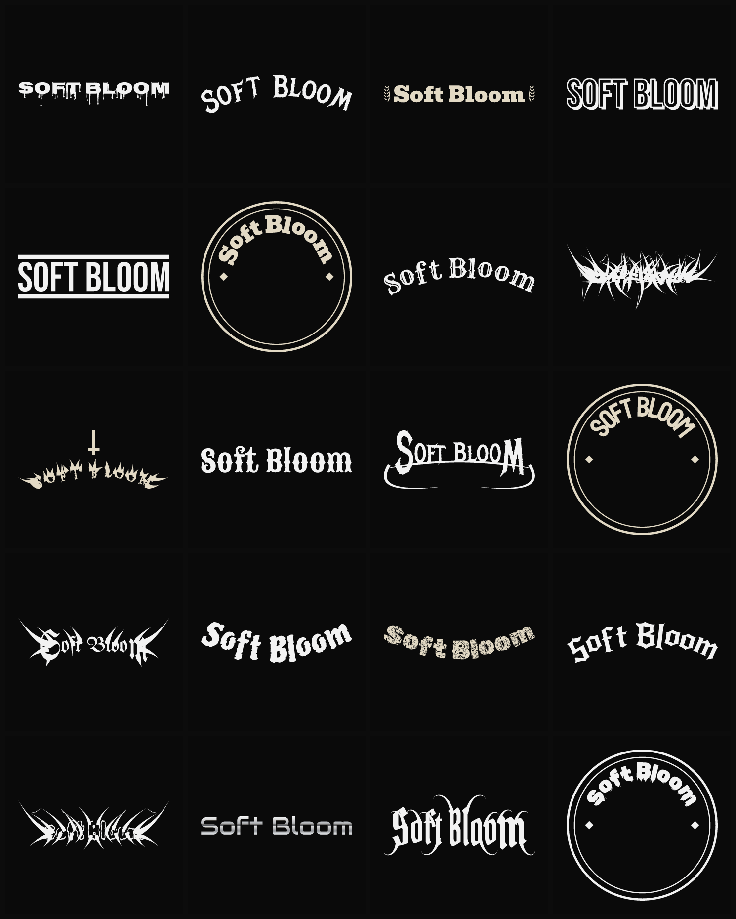 Twenty Soft Bloom band logo ideas — different faces, treatments and spike settings