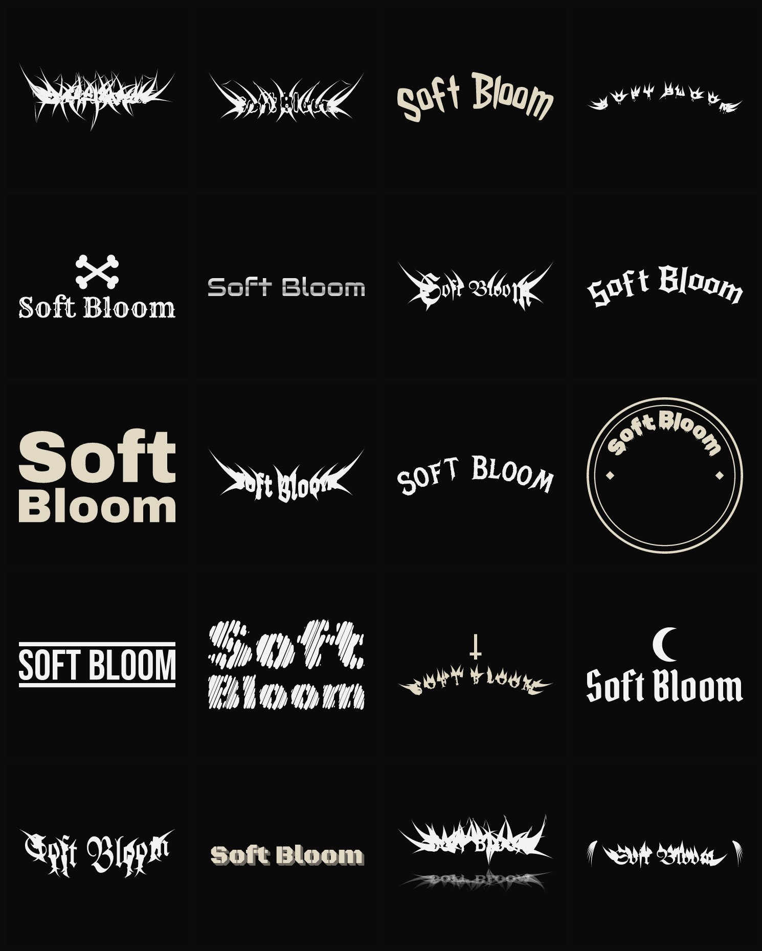 Twenty Soft Bloom band logo ideas — different faces, treatments and spike settings