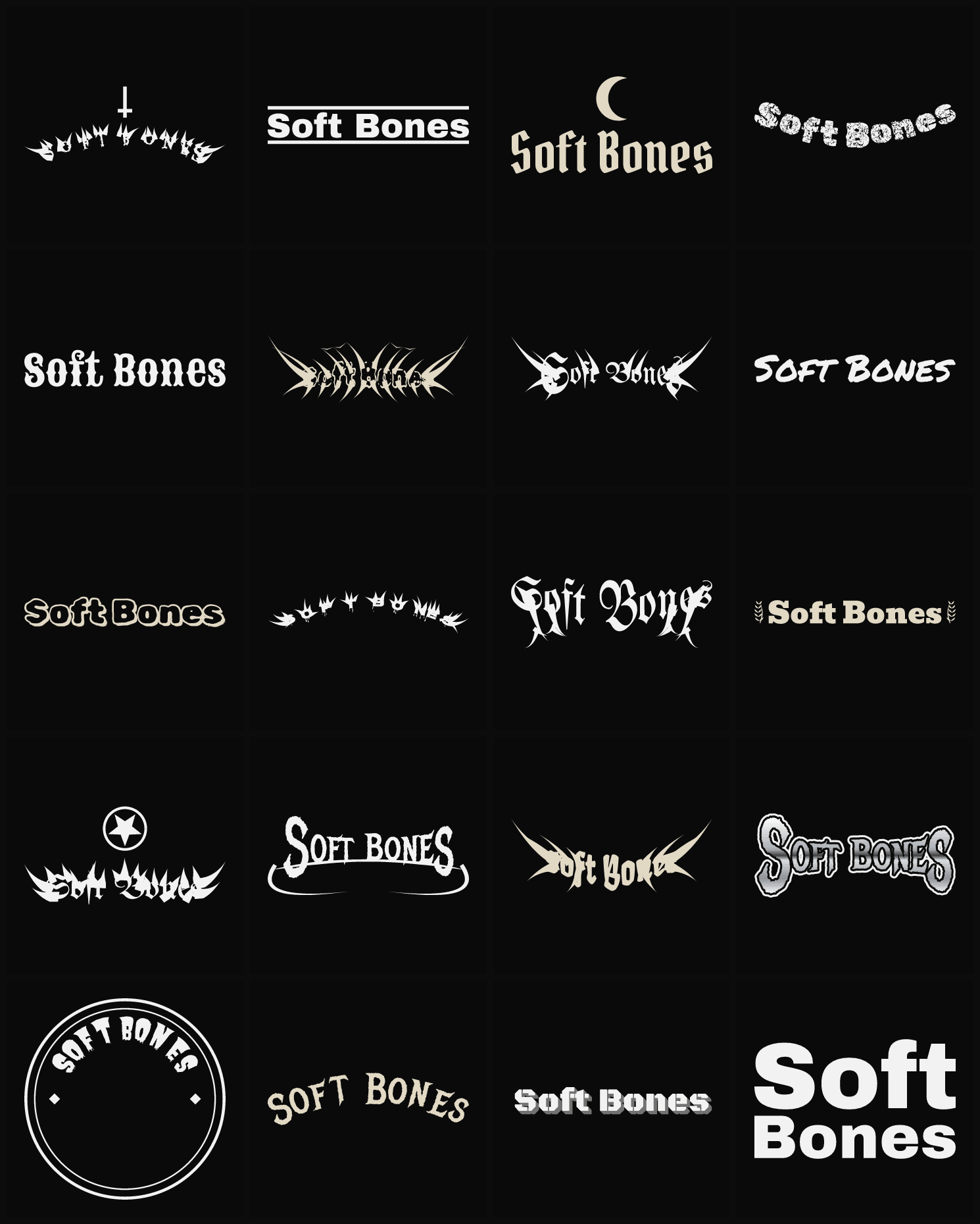 Twenty Soft Bones band logo ideas — different faces, treatments and spike settings