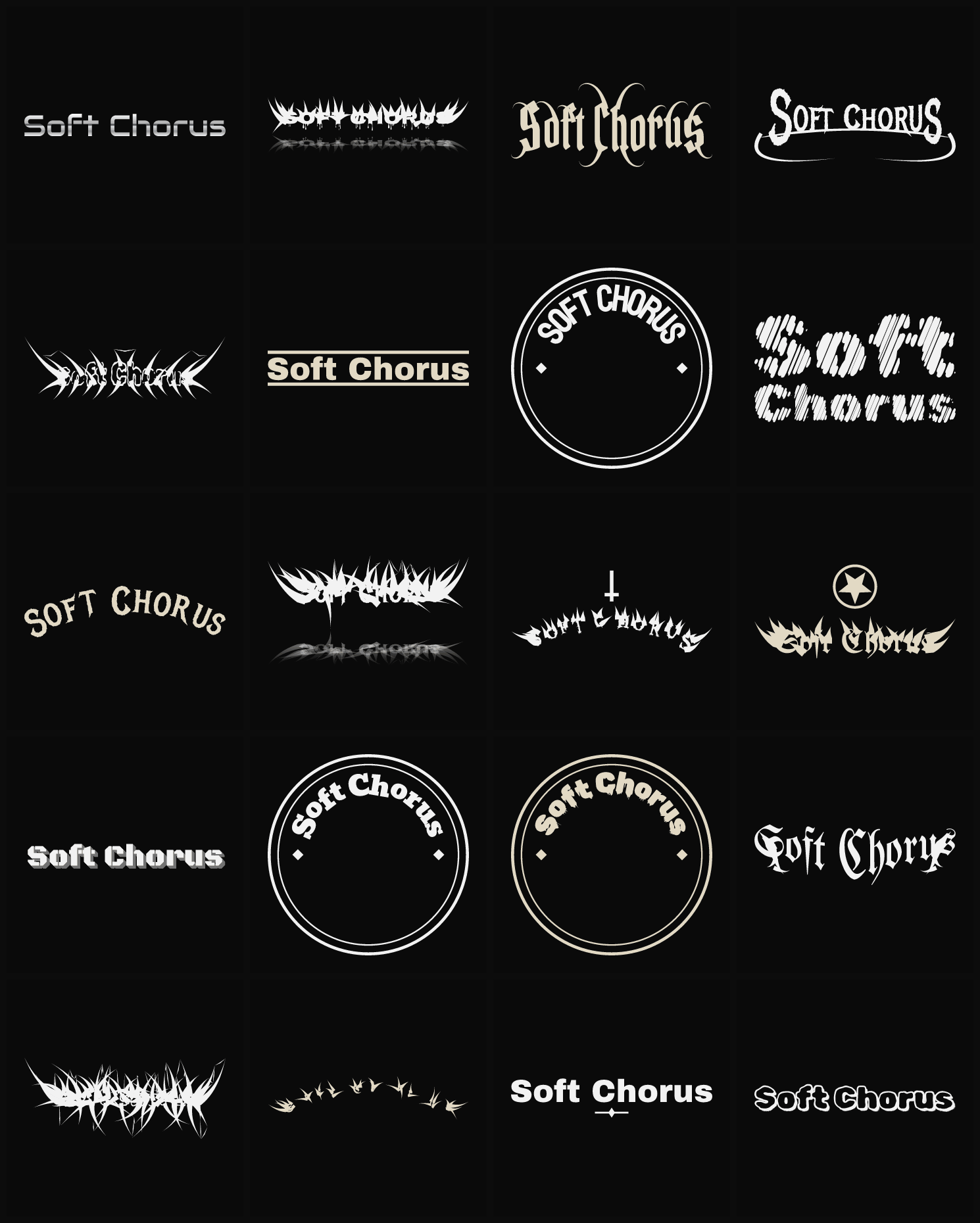 Twenty Soft Chorus band logo ideas — different faces, treatments and spike settings