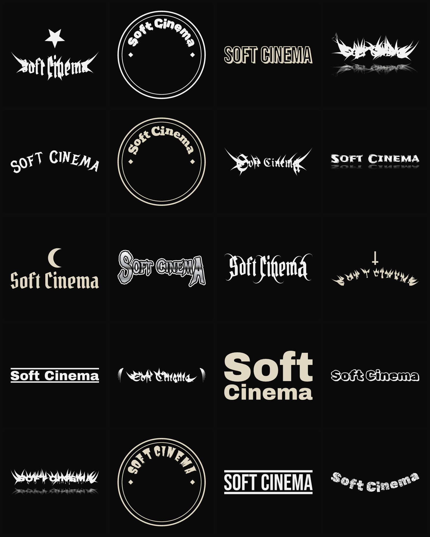 Twenty Soft Cinema band logo ideas — different faces, treatments and spike settings