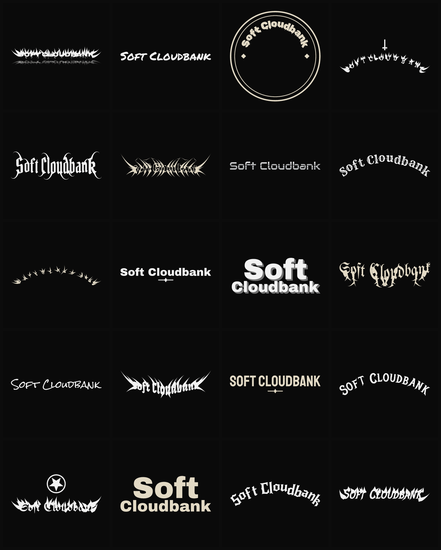 Twenty Soft Cloudbank band logo ideas — different faces, treatments and spike settings