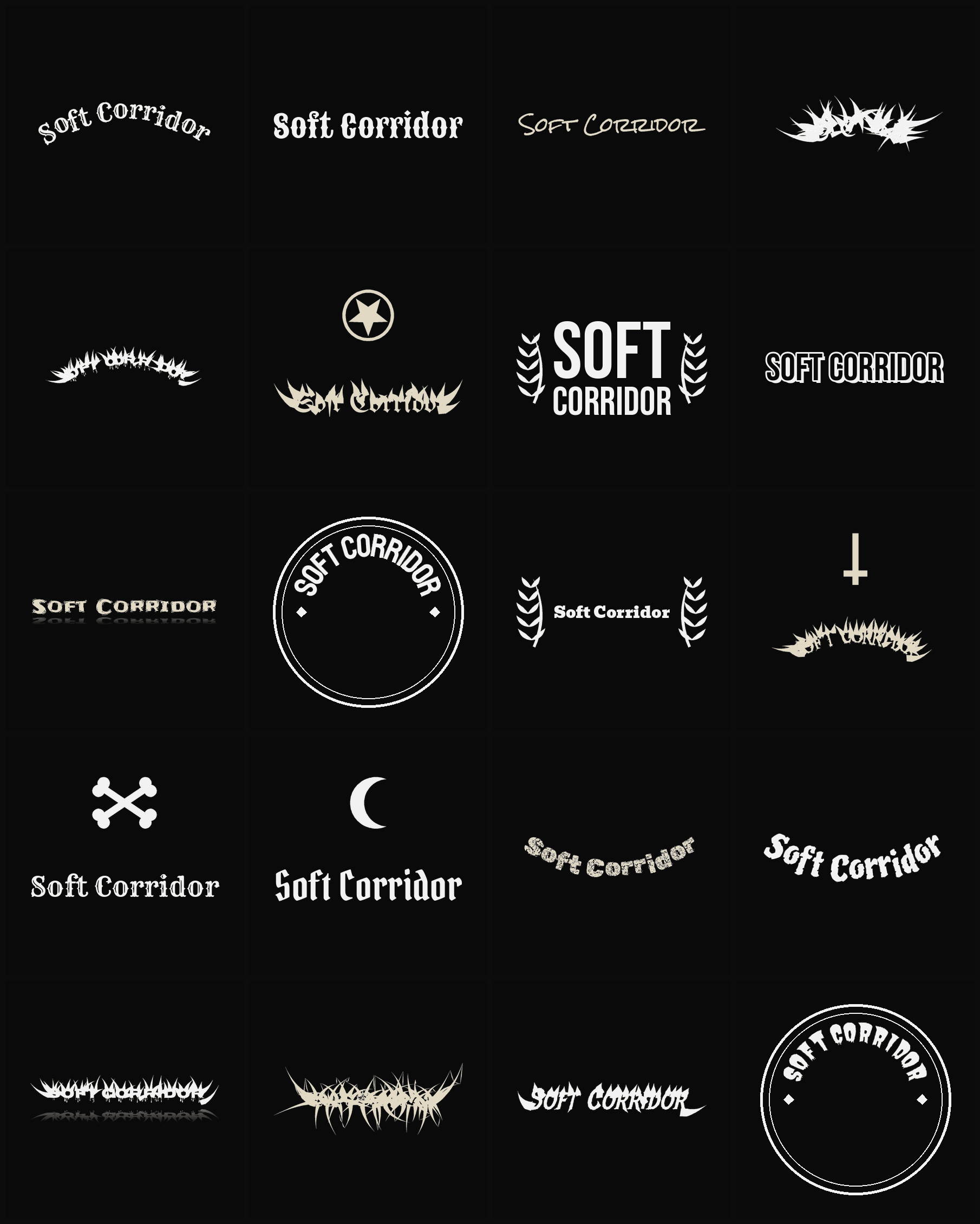 Twenty Soft Corridor band logo ideas — different faces, treatments and spike settings