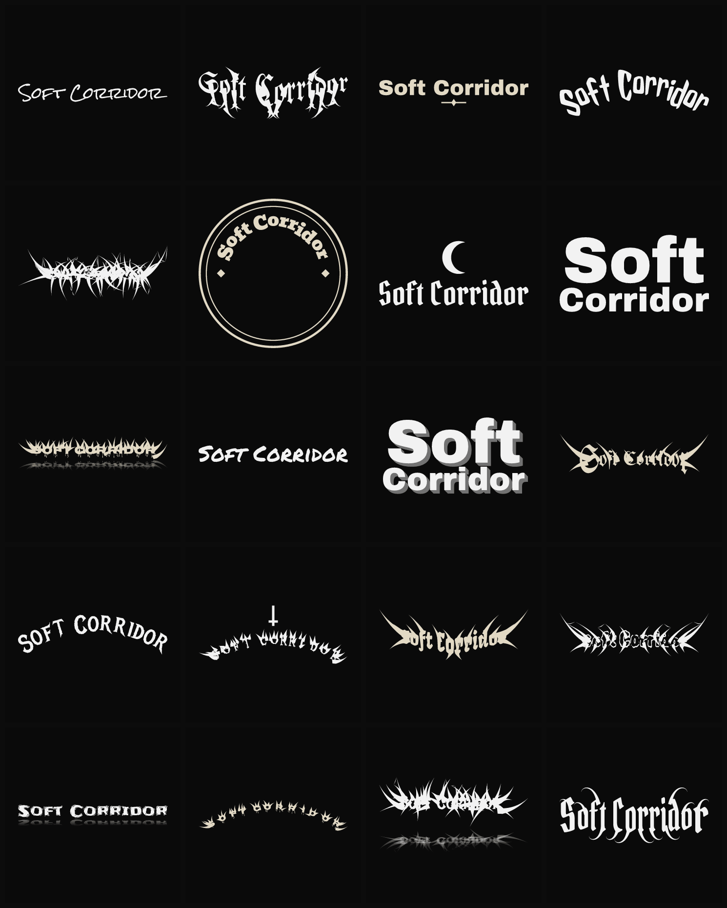 Twenty Soft Corridor band logo ideas — different faces, treatments and spike settings