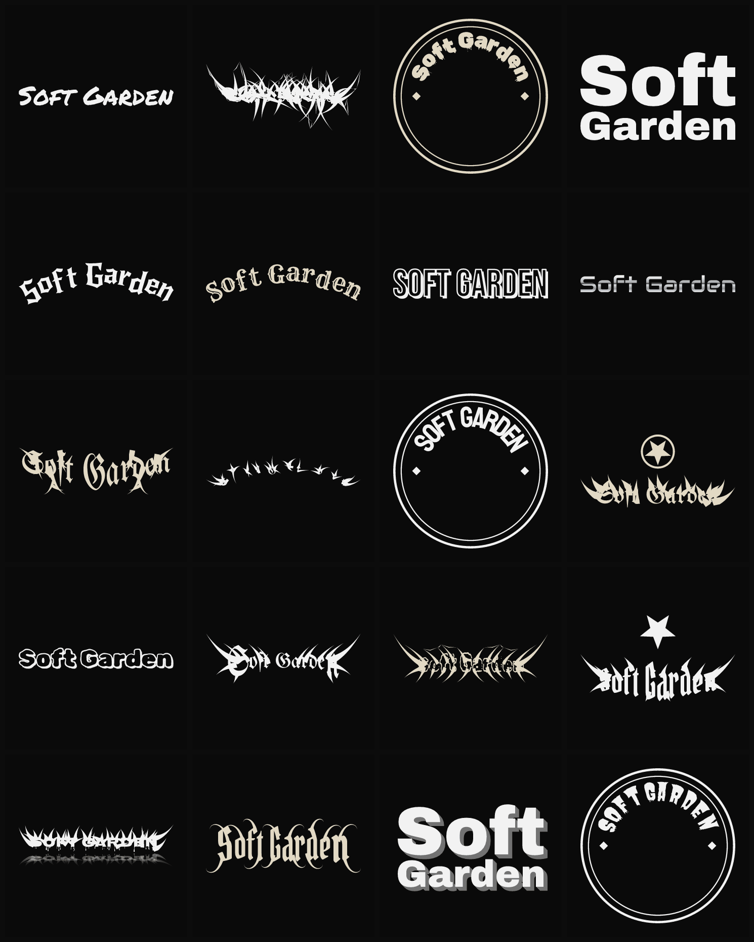 Twenty Soft Garden band logo ideas — different faces, treatments and spike settings