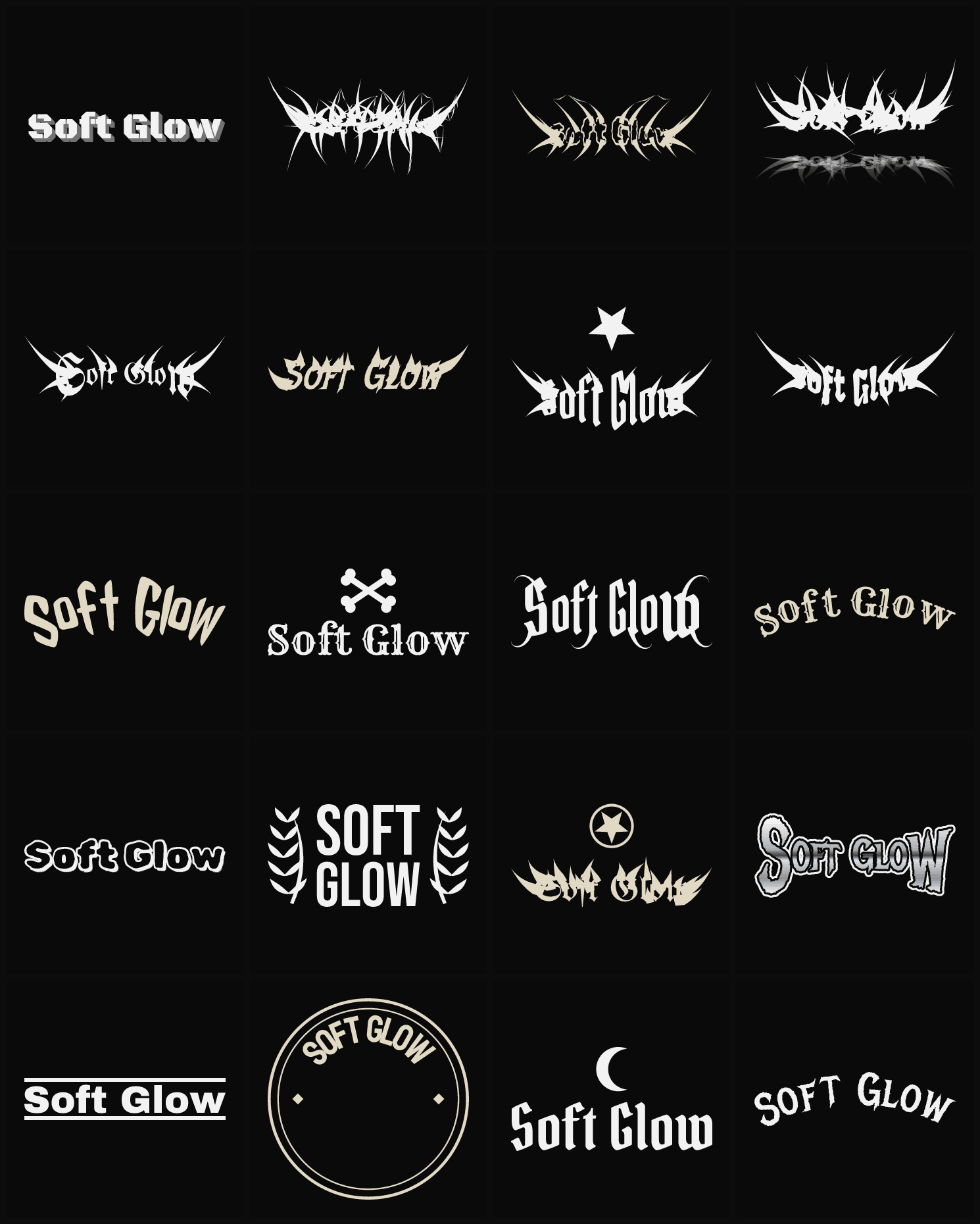 Twenty Soft Glow band logo ideas — different faces, treatments and spike settings
