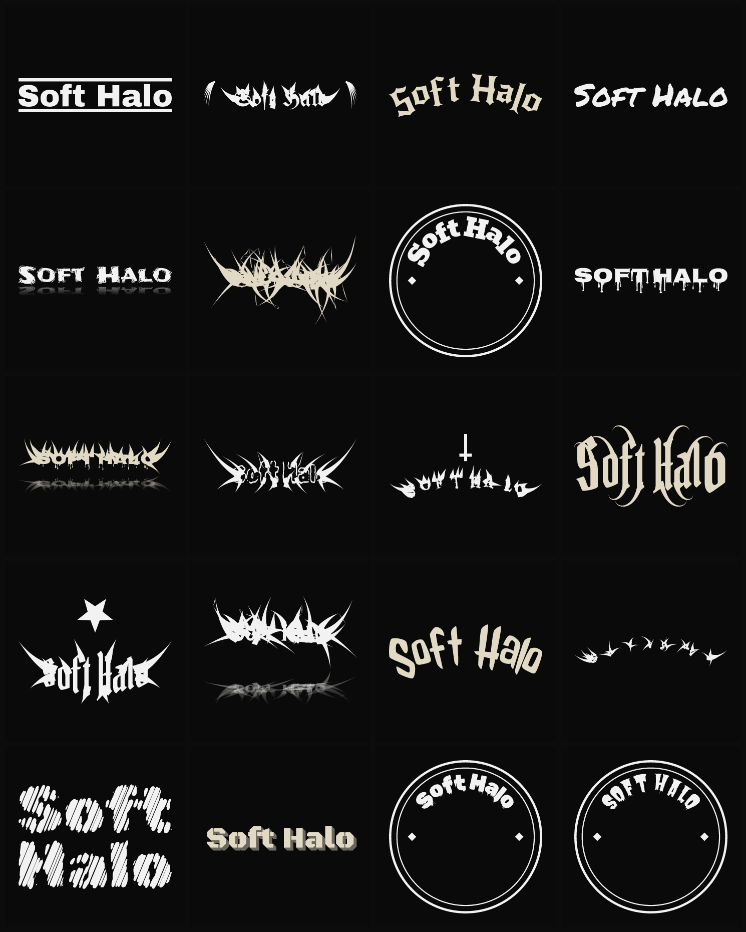 Twenty Soft Halo band logo ideas — different faces, treatments and spike settings