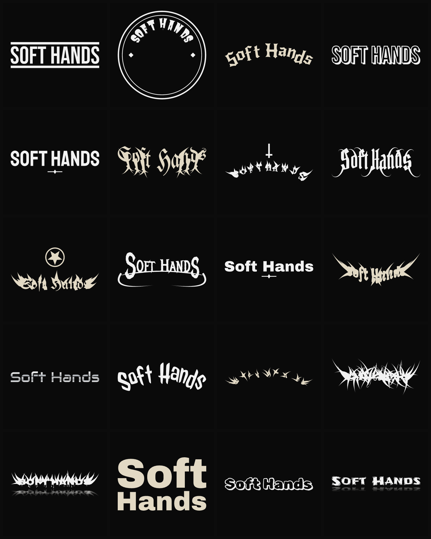 Twenty Soft Hands band logo ideas — different faces, treatments and spike settings