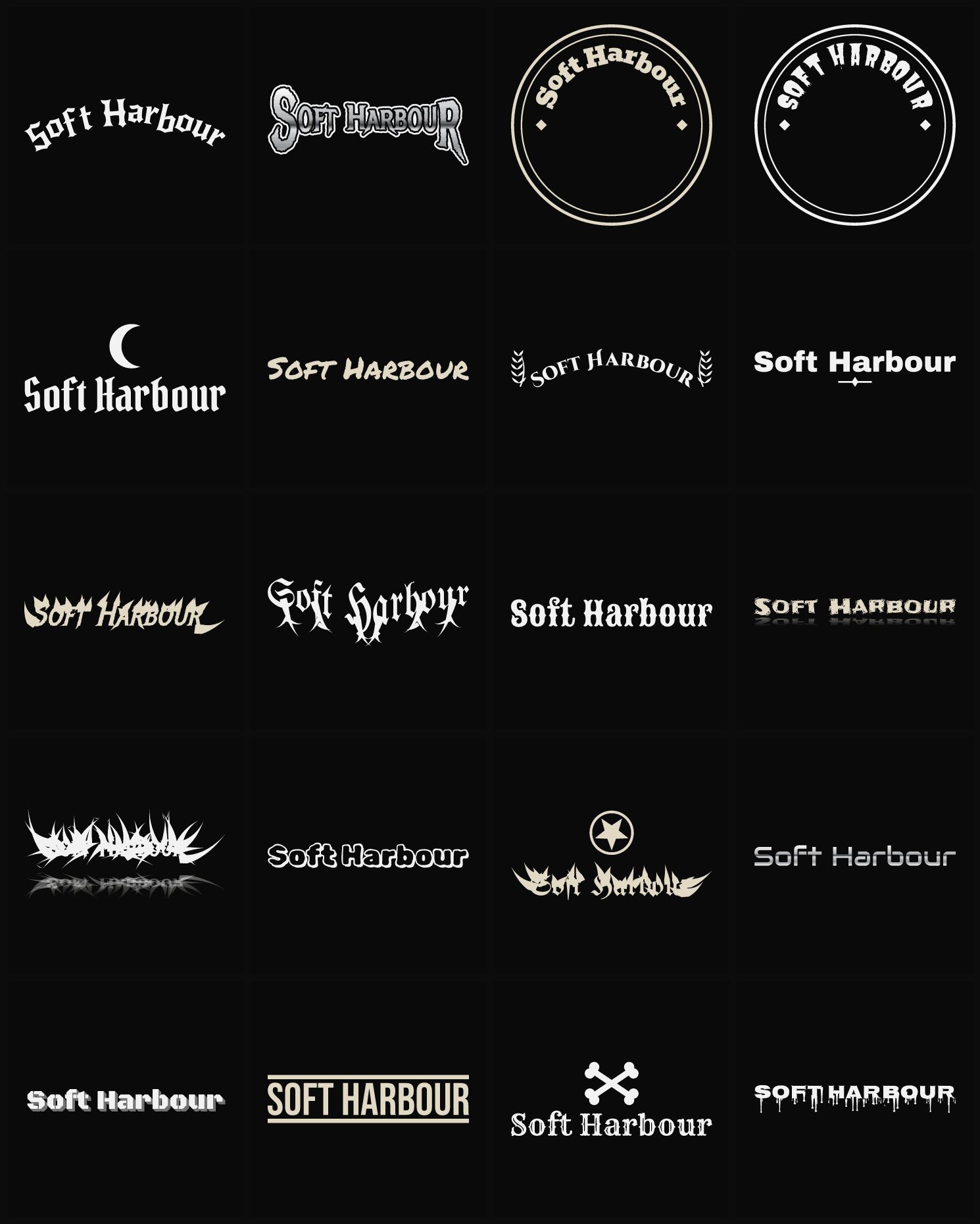 Twenty Soft Harbour band logo ideas — different faces, treatments and spike settings