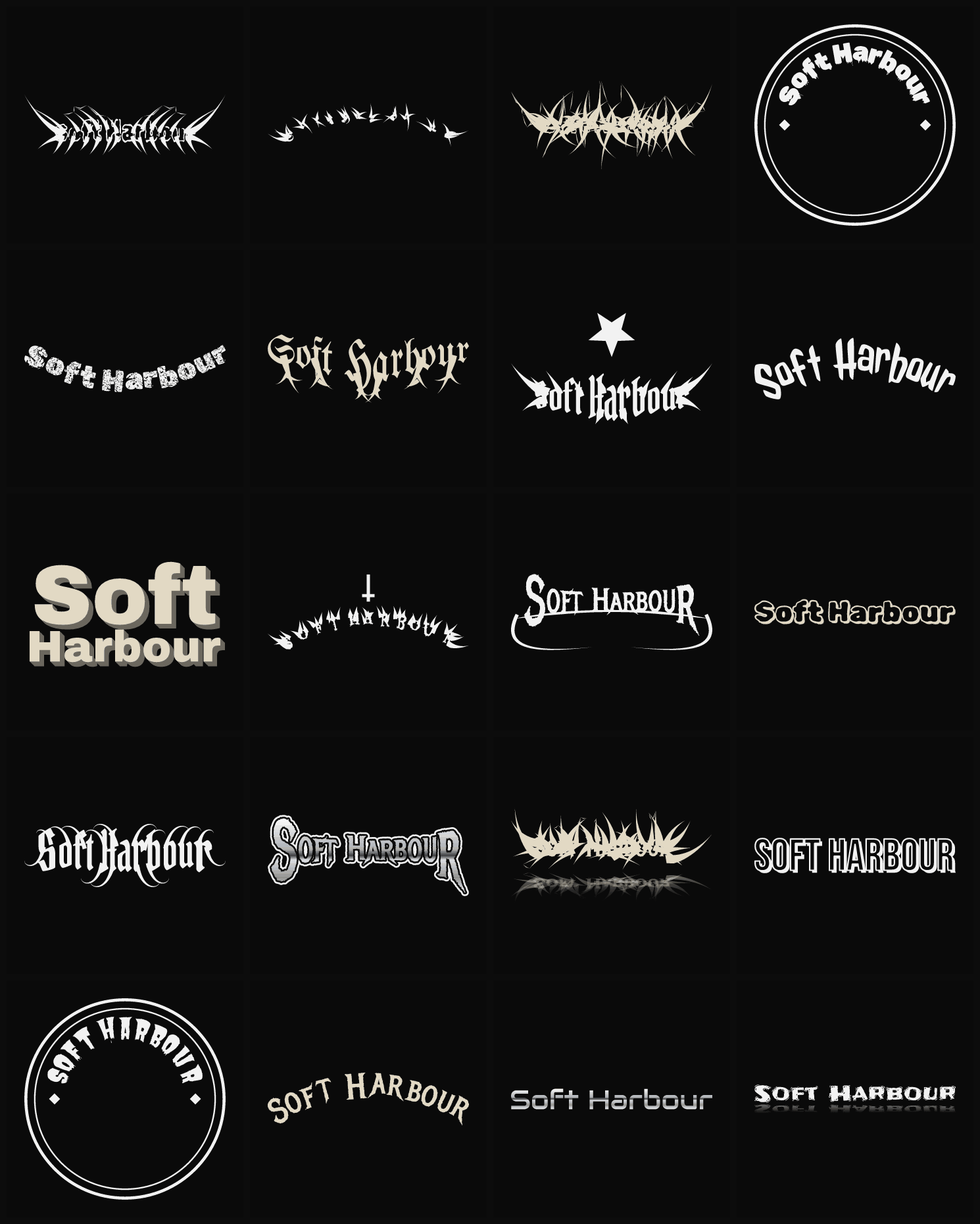 Twenty Soft Harbour band logo ideas — different faces, treatments and spike settings