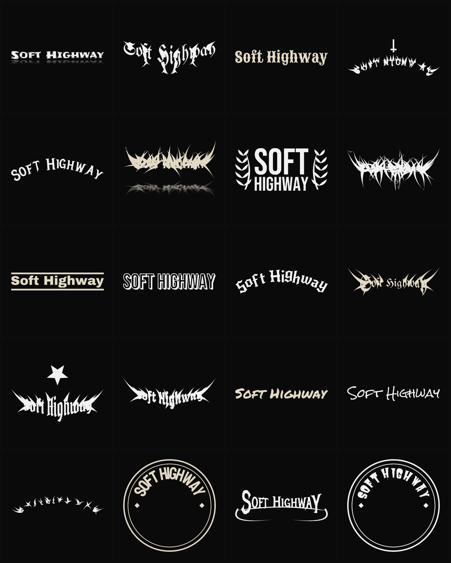 Twenty Soft Highway band logo ideas — different faces, treatments and spike settings
