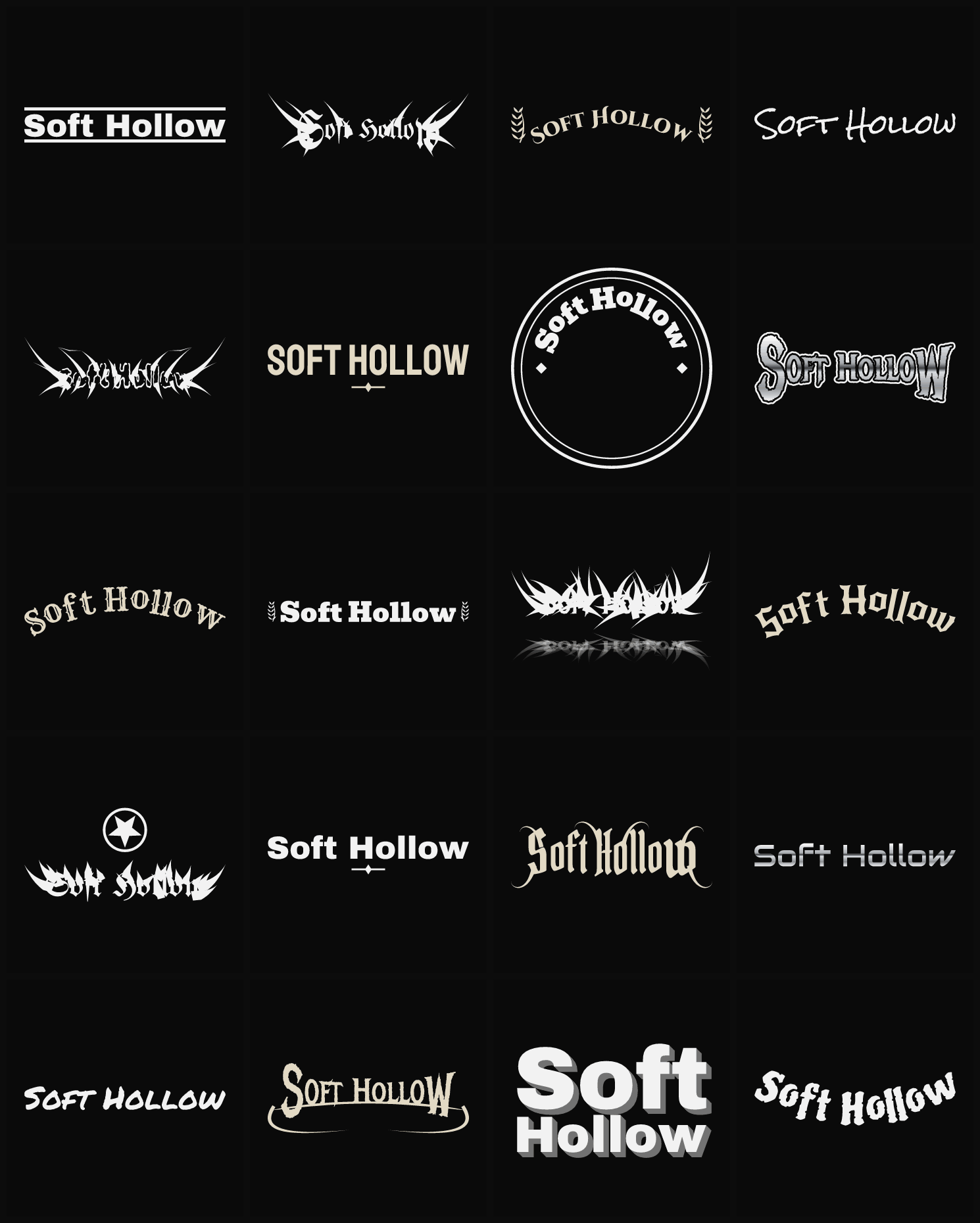 Twenty Soft Hollow band logo ideas — different faces, treatments and spike settings