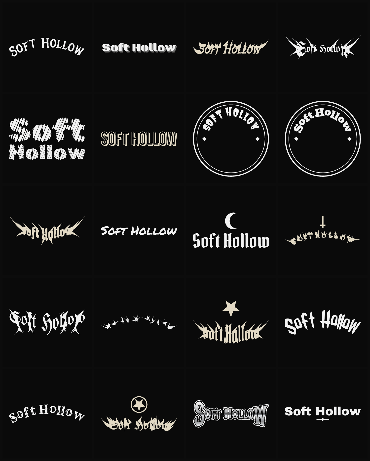 Twenty Soft Hollow band logo ideas — different faces, treatments and spike settings