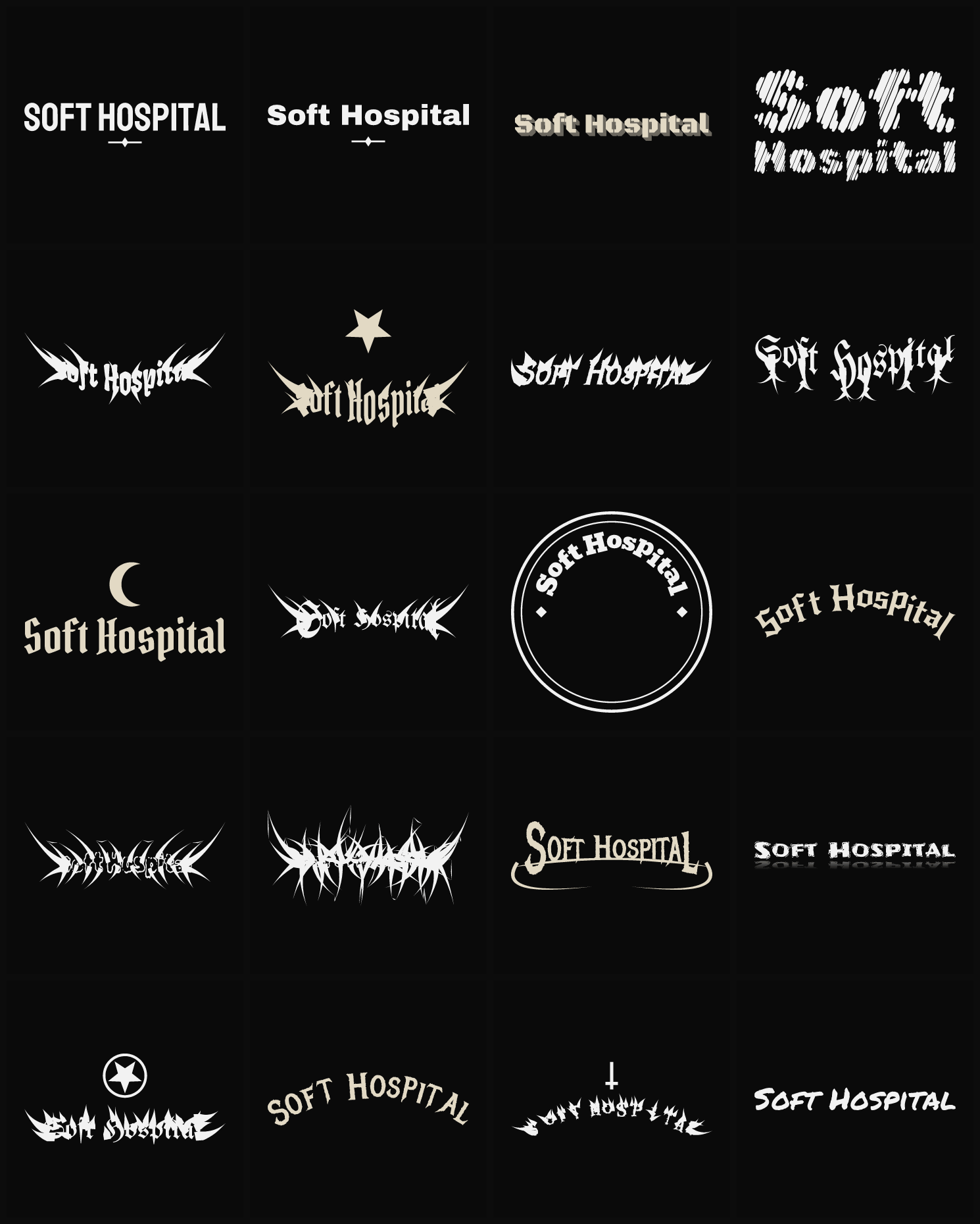 Twenty Soft Hospital band logo ideas — different faces, treatments and spike settings