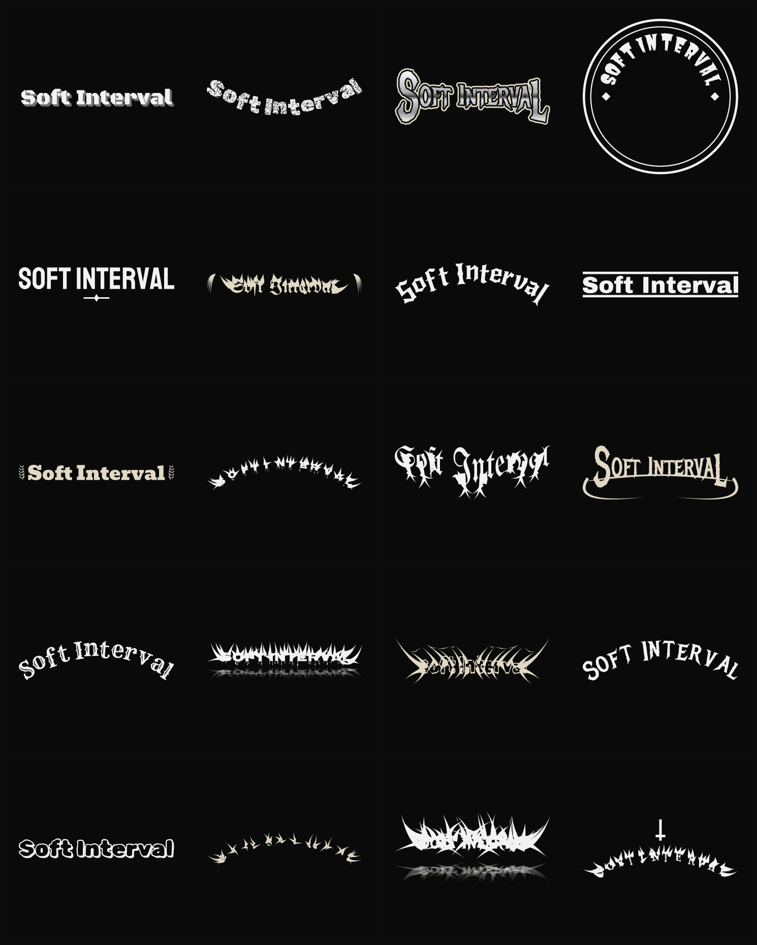Twenty Soft Interval band logo ideas — different faces, treatments and spike settings