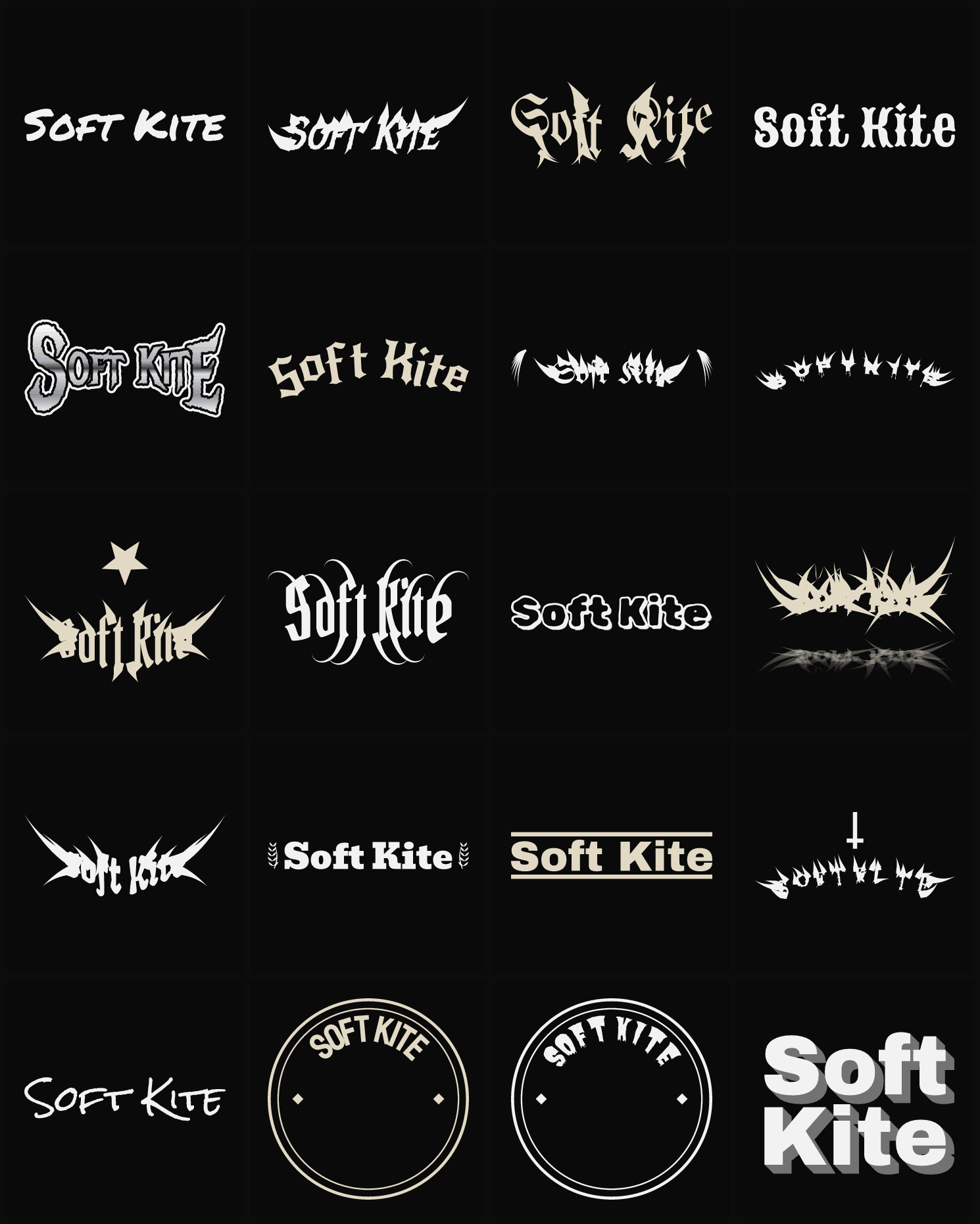 Twenty Soft Kite band logo ideas — different faces, treatments and spike settings