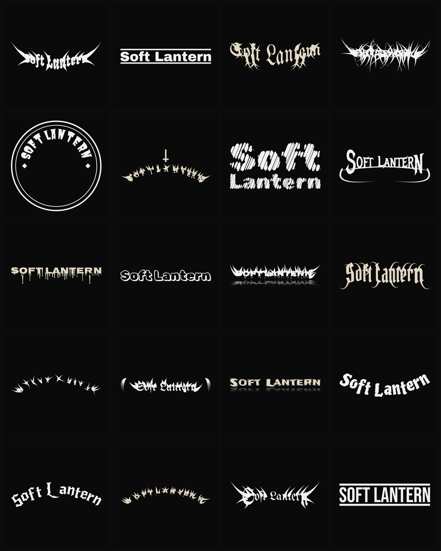Twenty Soft Lantern band logo ideas — different faces, treatments and spike settings
