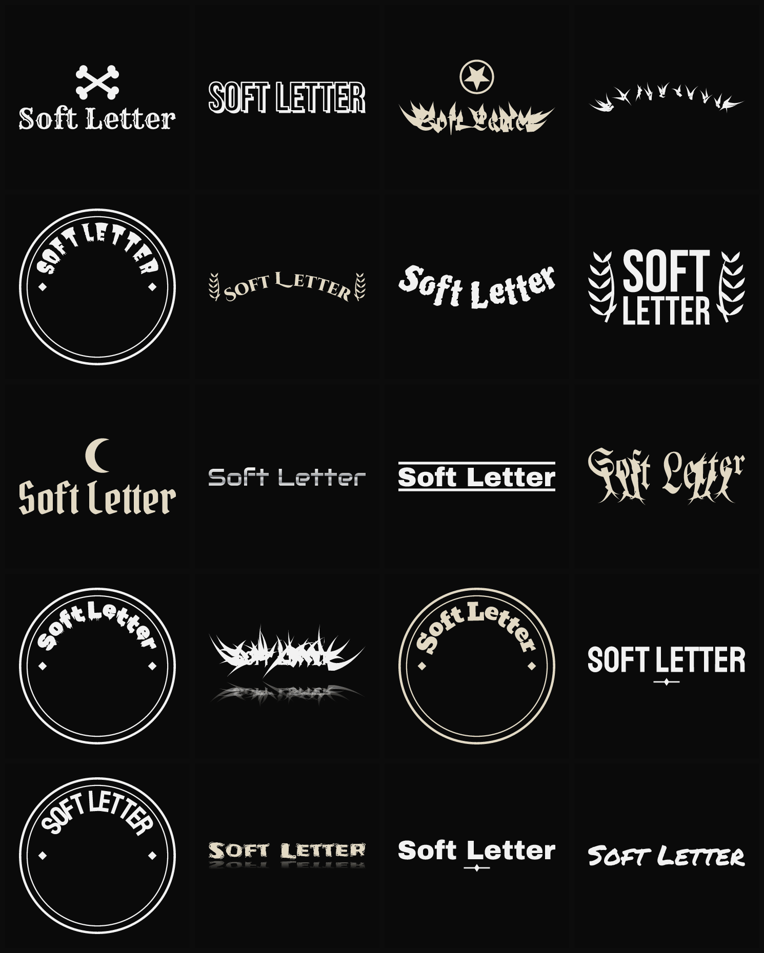 Twenty Soft Letter band logo ideas — different faces, treatments and spike settings
