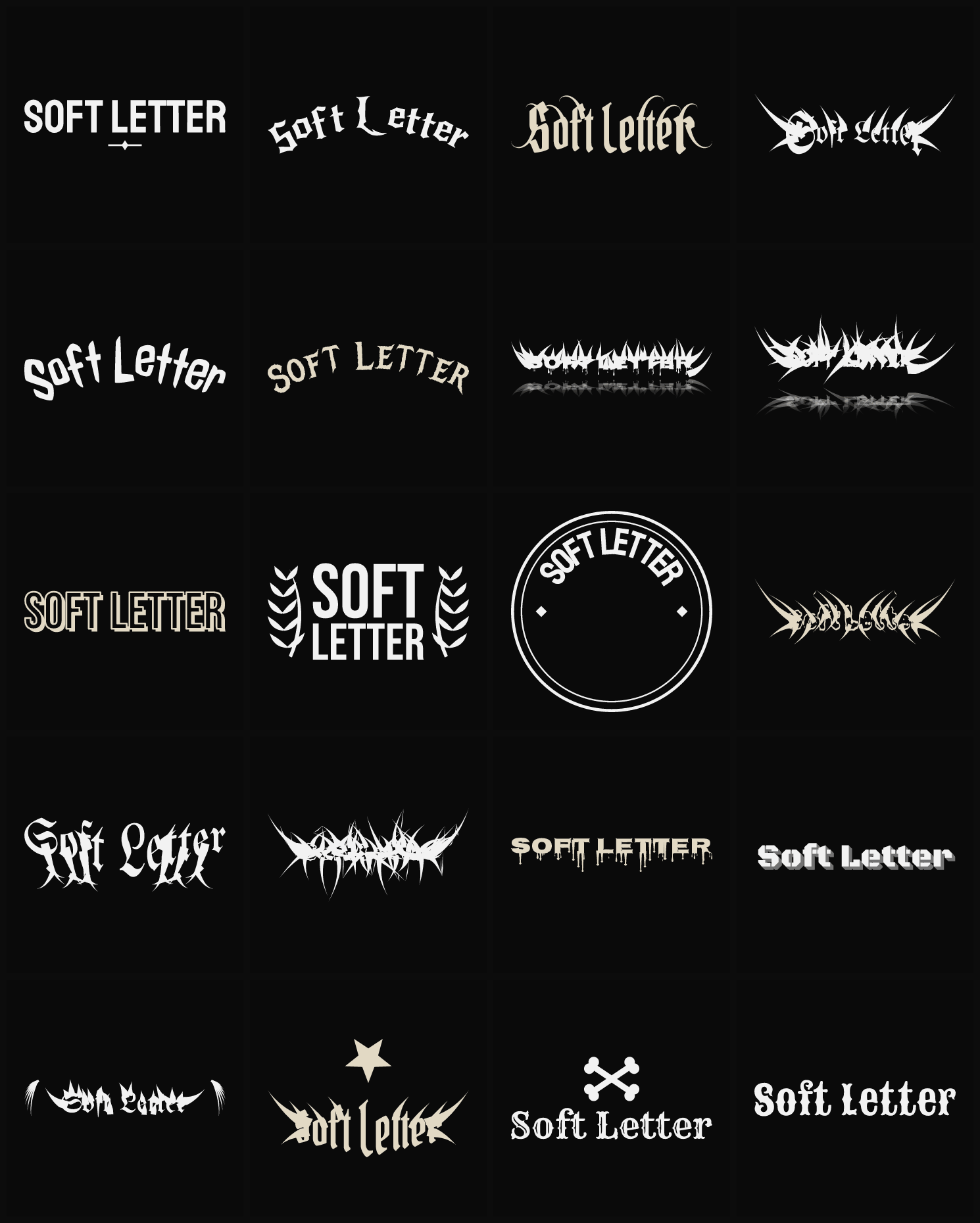 Twenty Soft Letter band logo ideas — different faces, treatments and spike settings