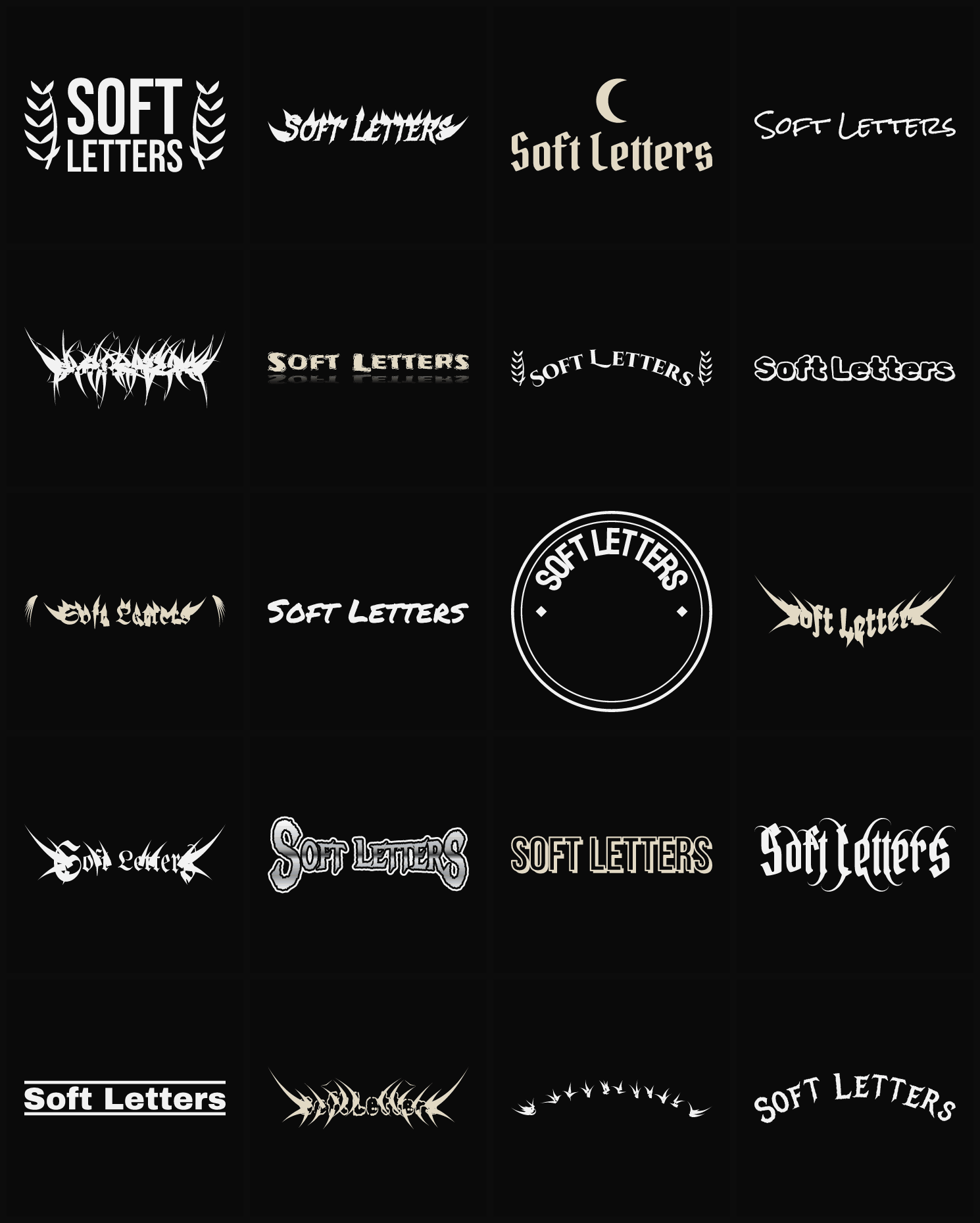Twenty Soft Letters band logo ideas — different faces, treatments and spike settings