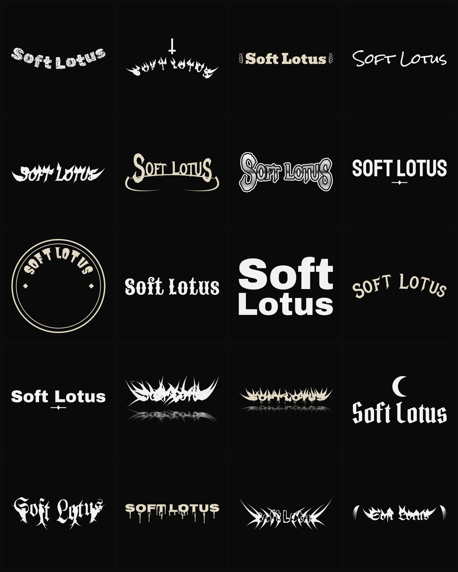 Twenty Soft Lotus band logo ideas — different faces, treatments and spike settings
