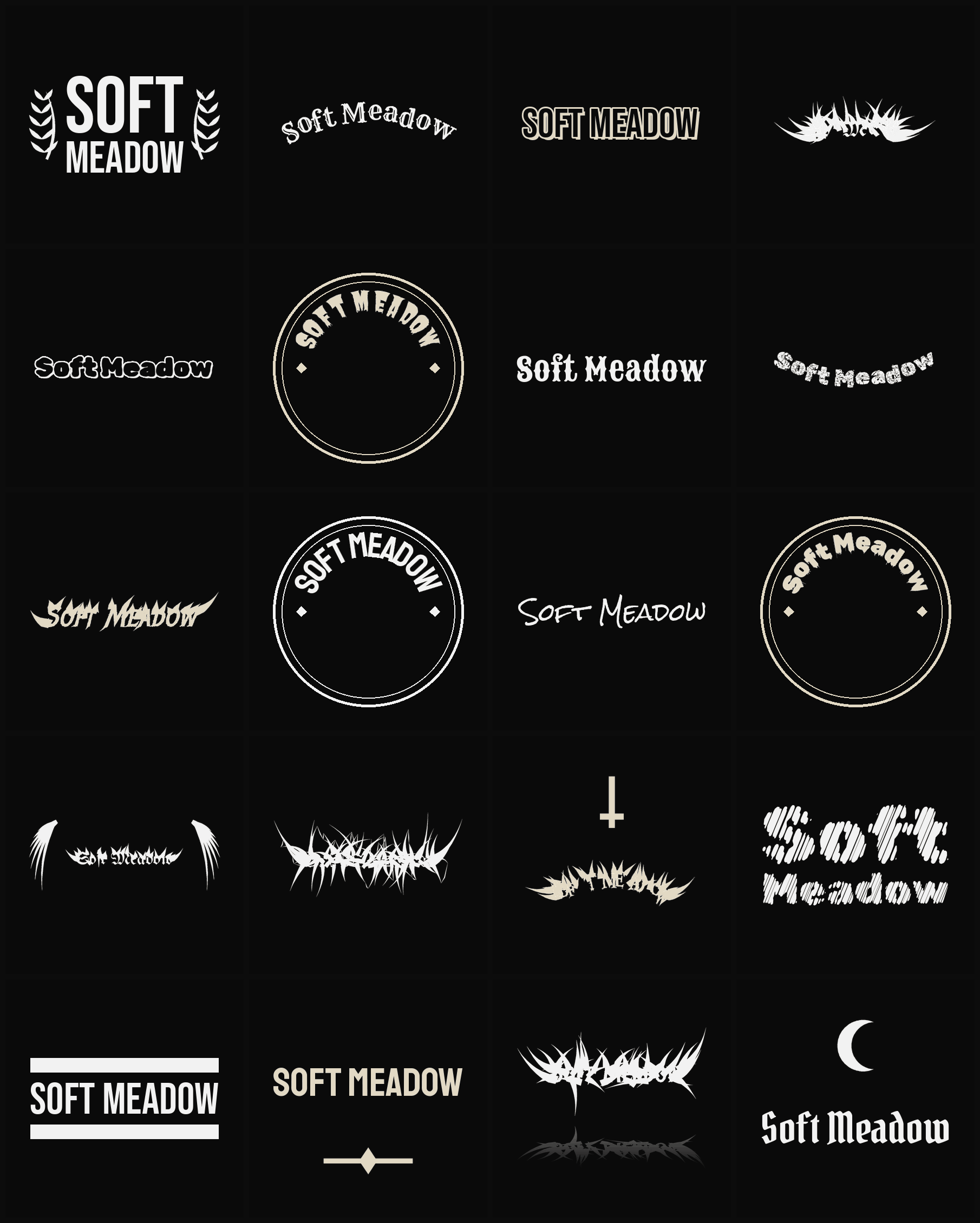 Twenty Soft Meadow band logo ideas — different faces, treatments and spike settings