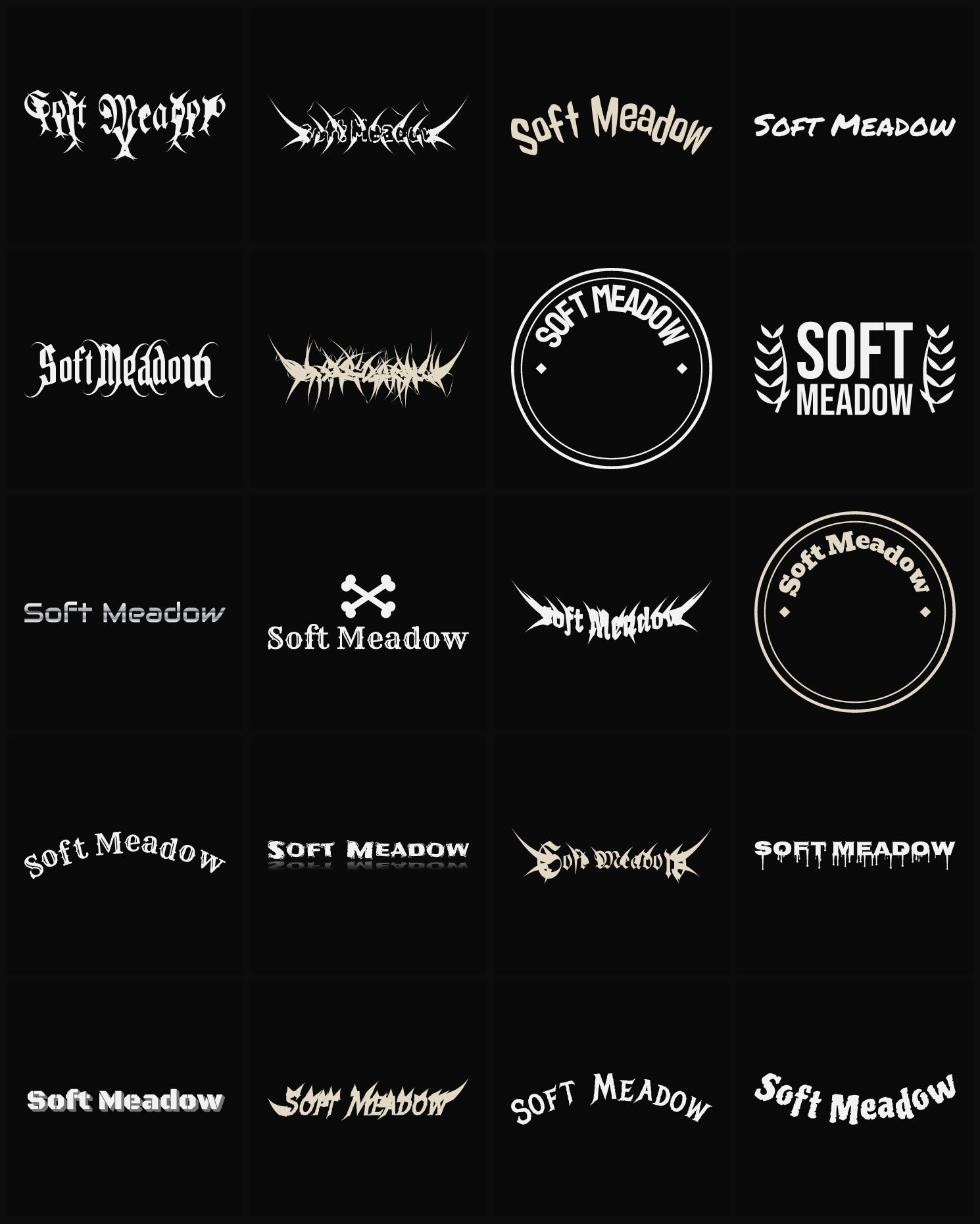 Twenty Soft Meadow band logo ideas — different faces, treatments and spike settings