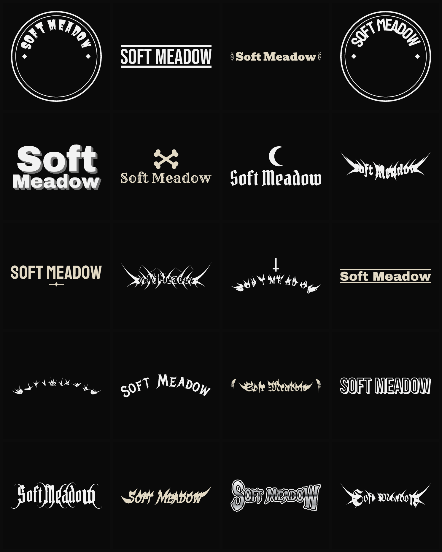 Twenty Soft Meadow band logo ideas — different faces, treatments and spike settings