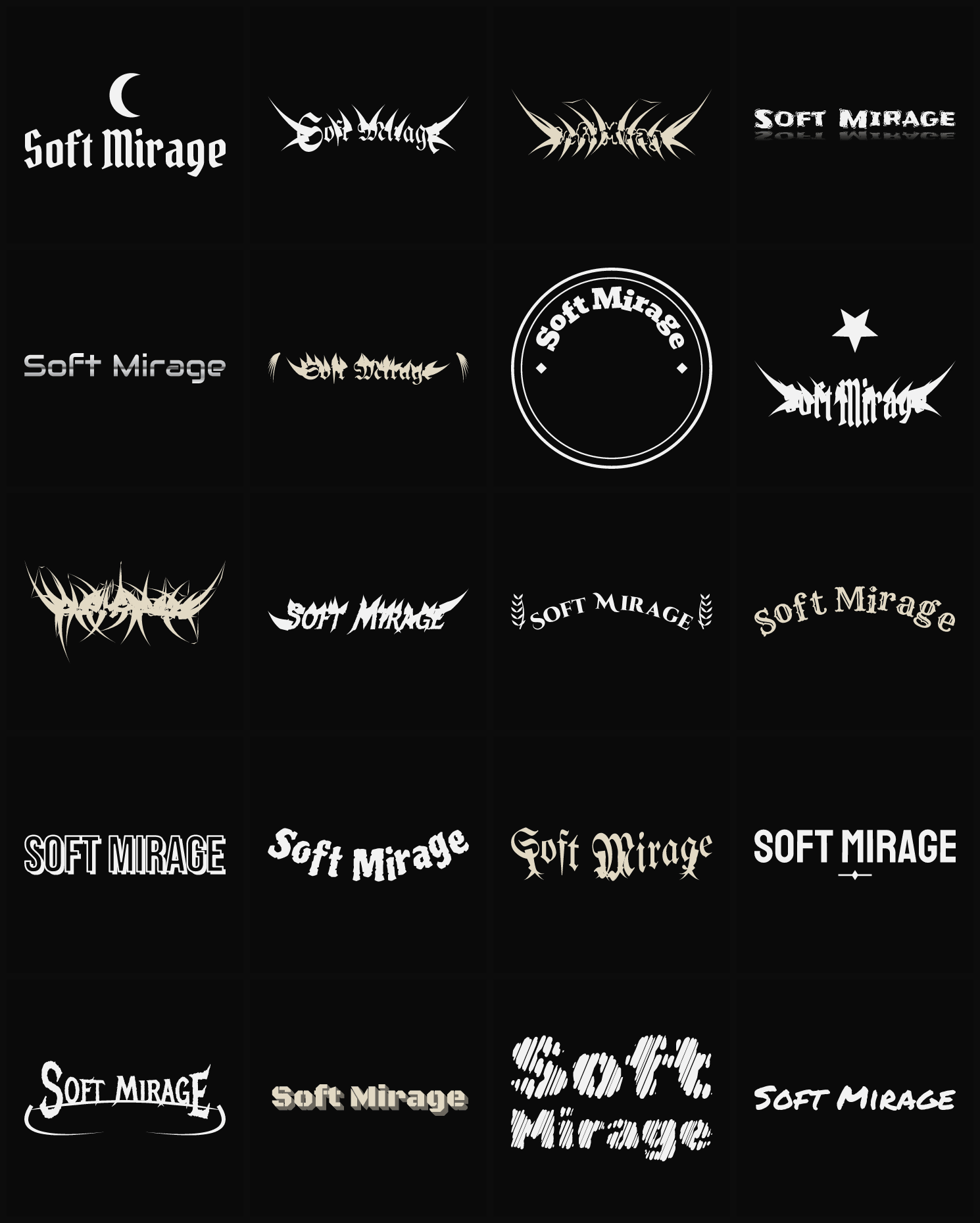 Twenty Soft Mirage band logo ideas — different faces, treatments and spike settings
