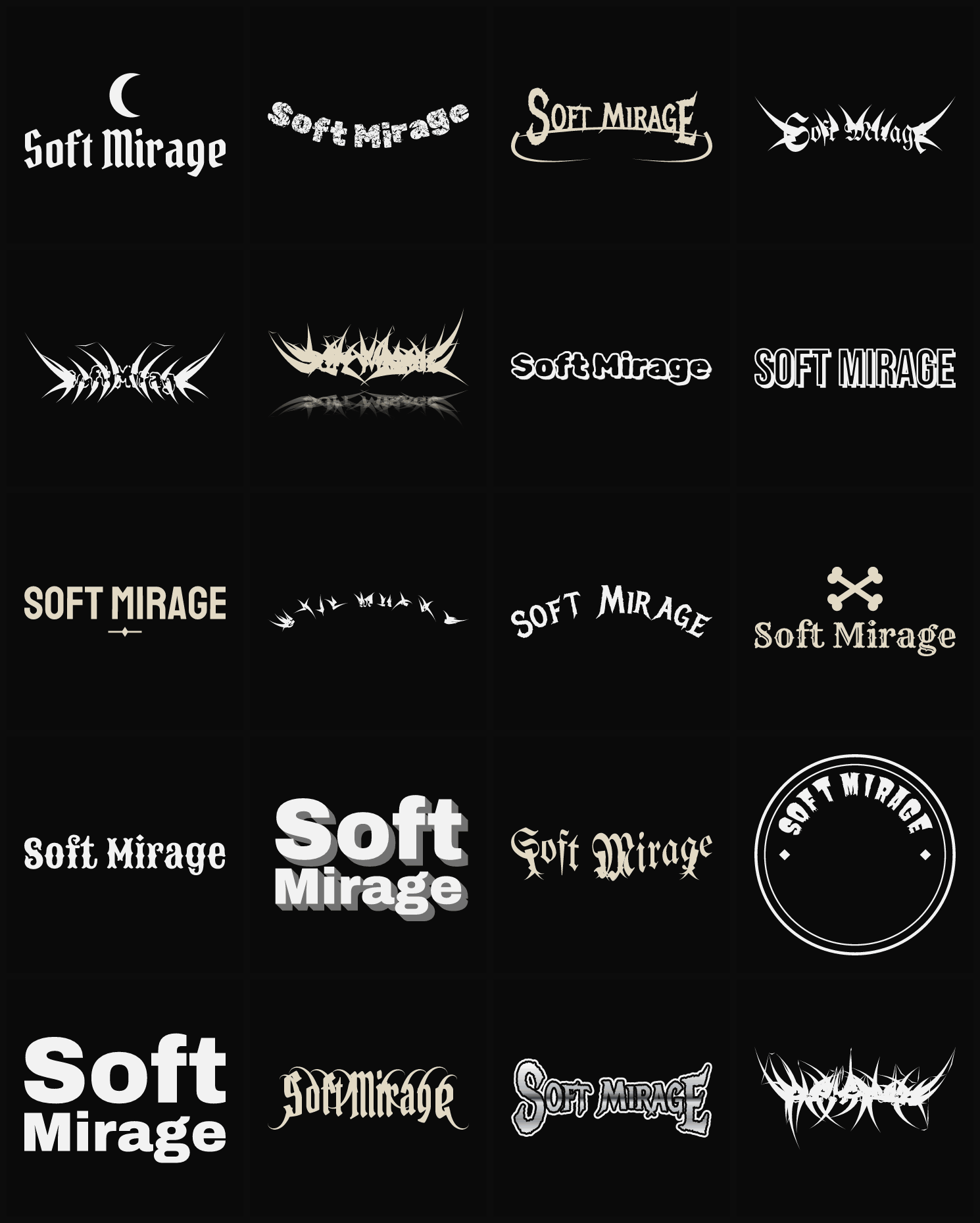 Twenty Soft Mirage band logo ideas — different faces, treatments and spike settings