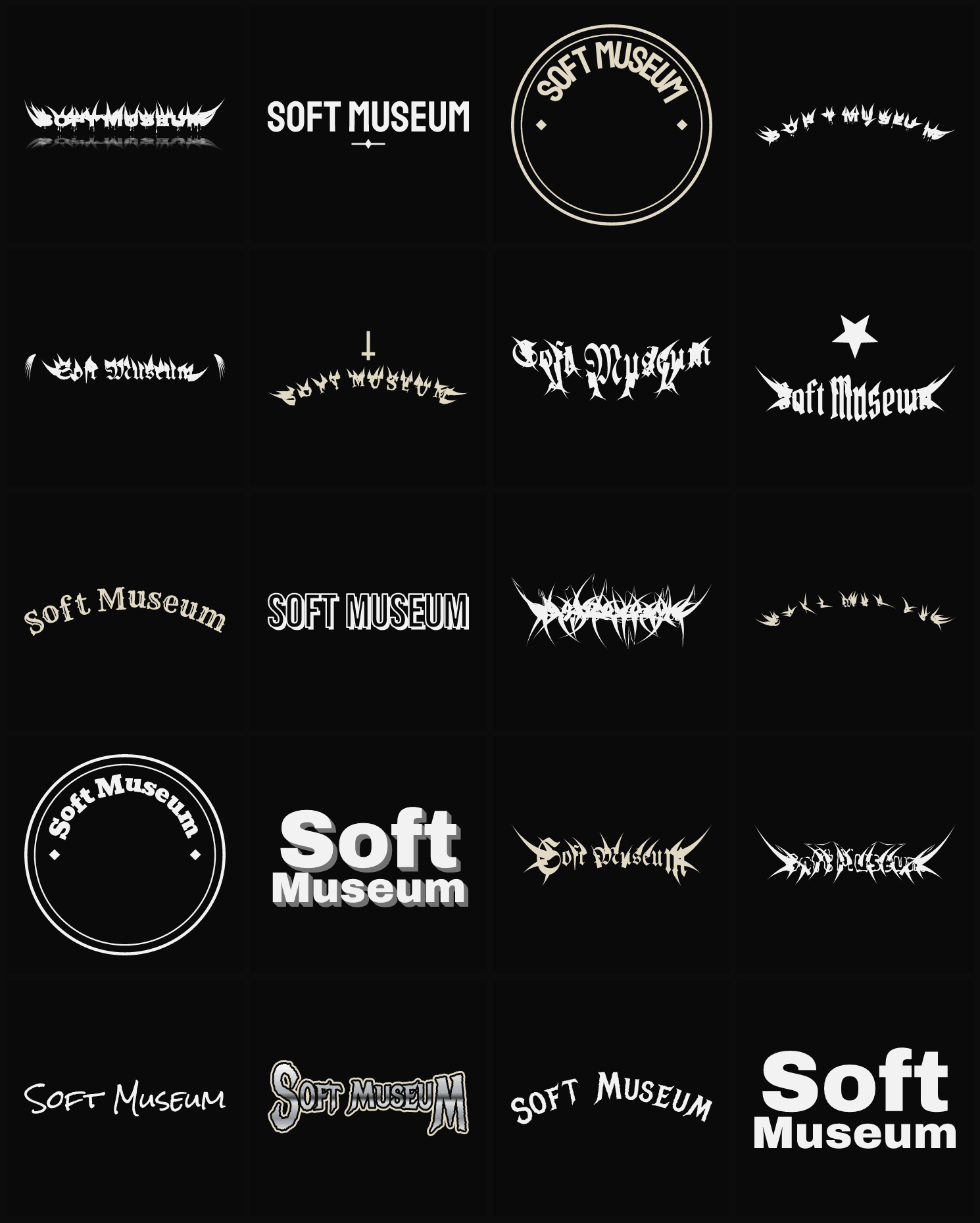 Twenty Soft Museum band logo ideas — different faces, treatments and spike settings