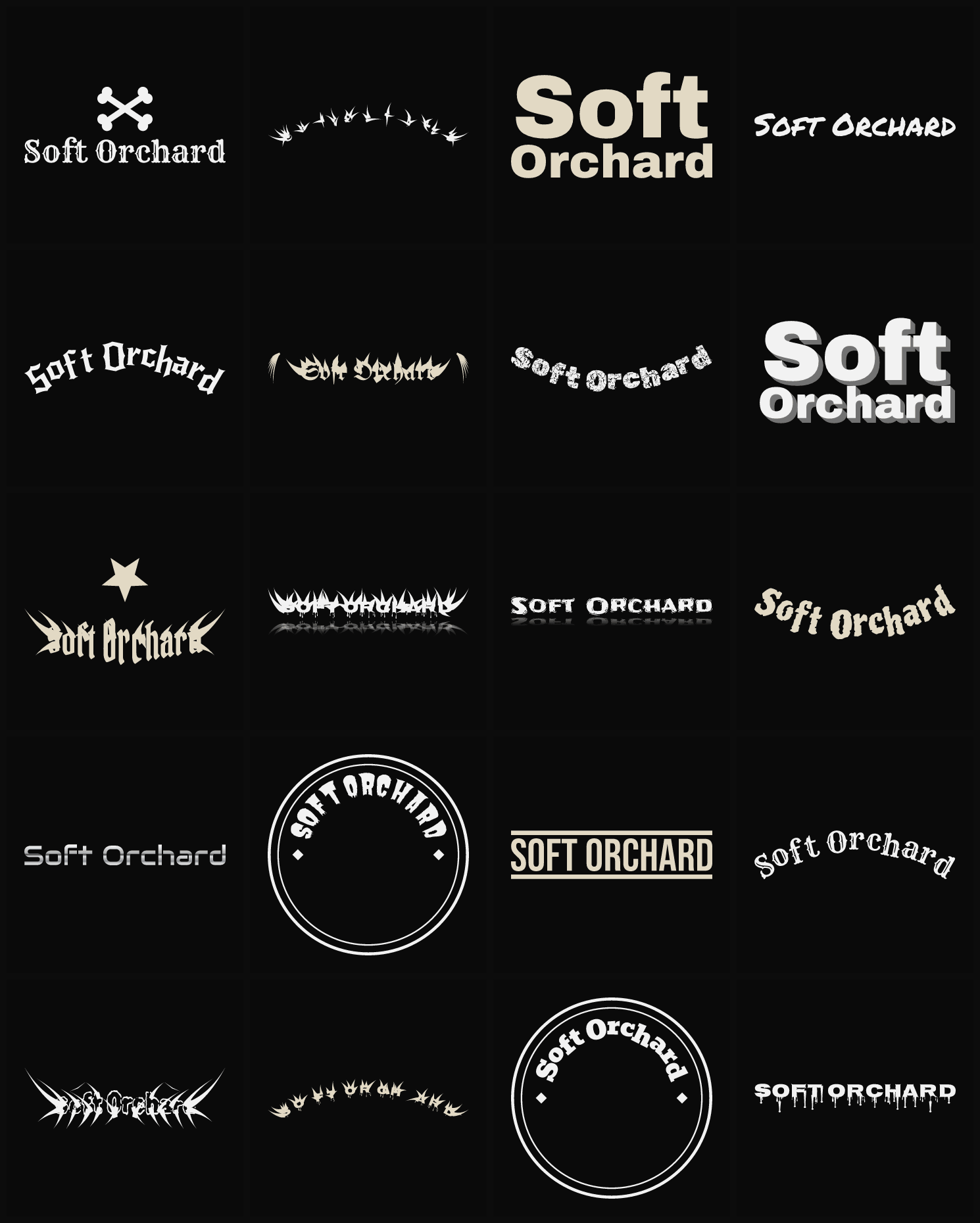 Twenty Soft Orchard band logo ideas — different faces, treatments and spike settings