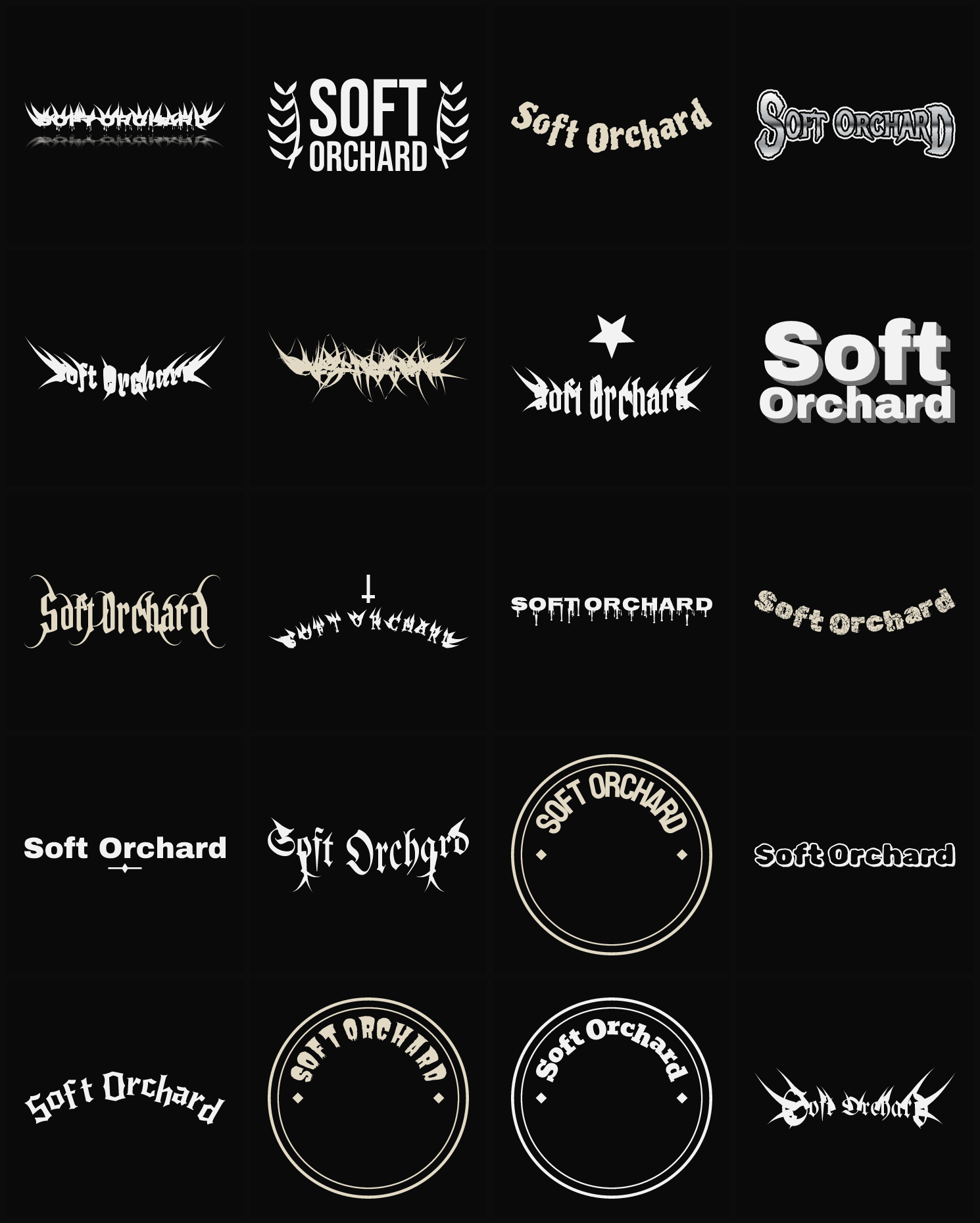 Twenty Soft Orchard band logo ideas — different faces, treatments and spike settings