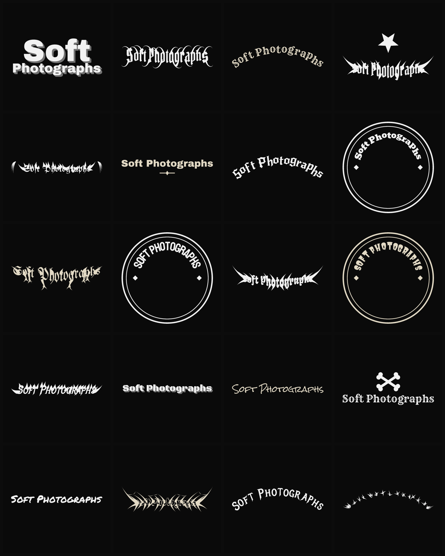 Twenty Soft Photographs band logo ideas — different faces, treatments and spike settings