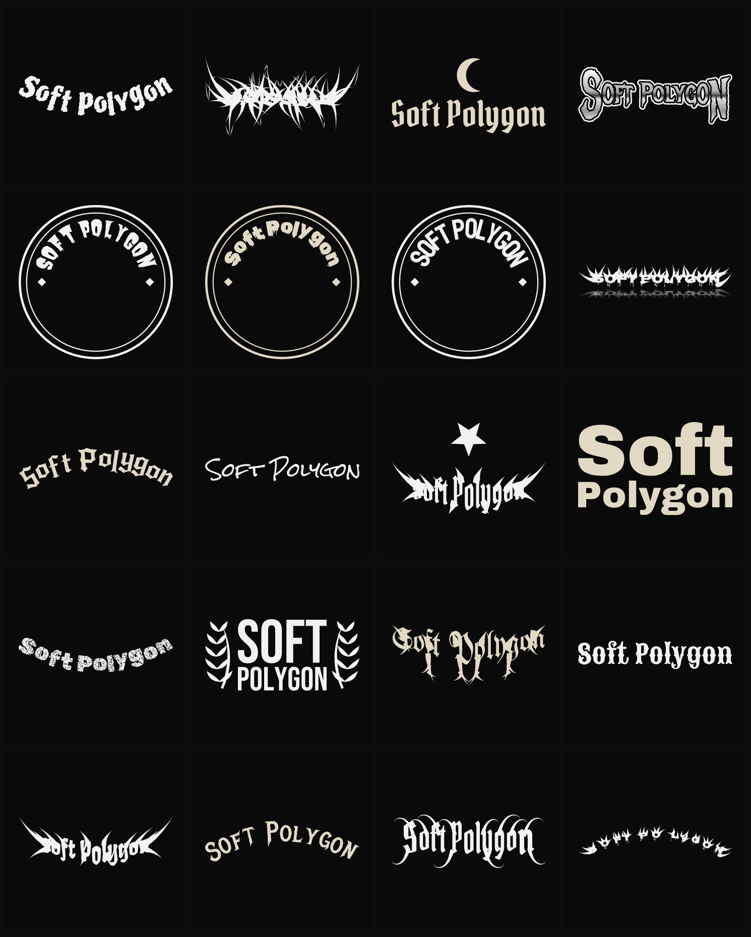 Twenty Soft Polygon band logo ideas — different faces, treatments and spike settings