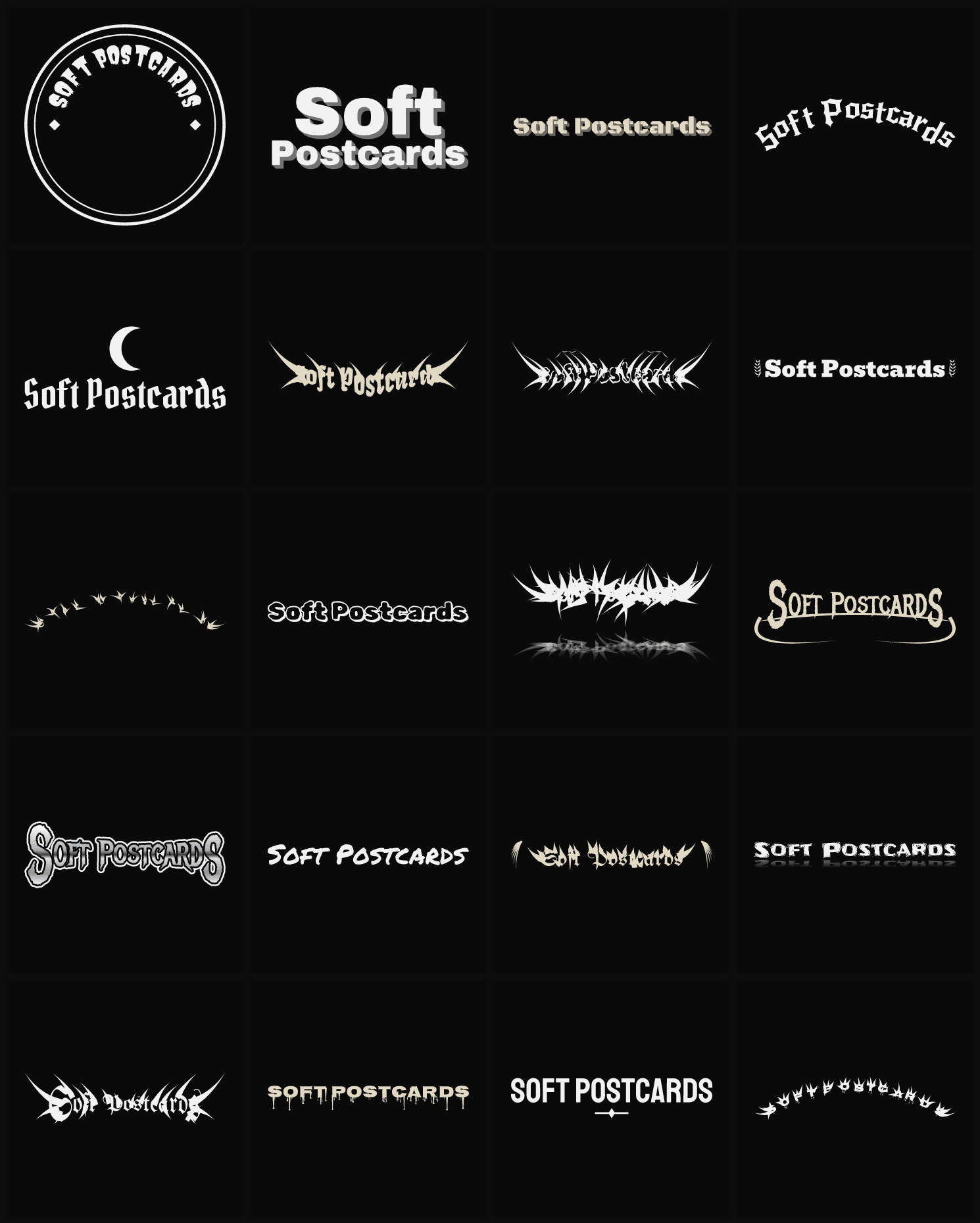 Twenty Soft Postcards band logo ideas — different faces, treatments and spike settings