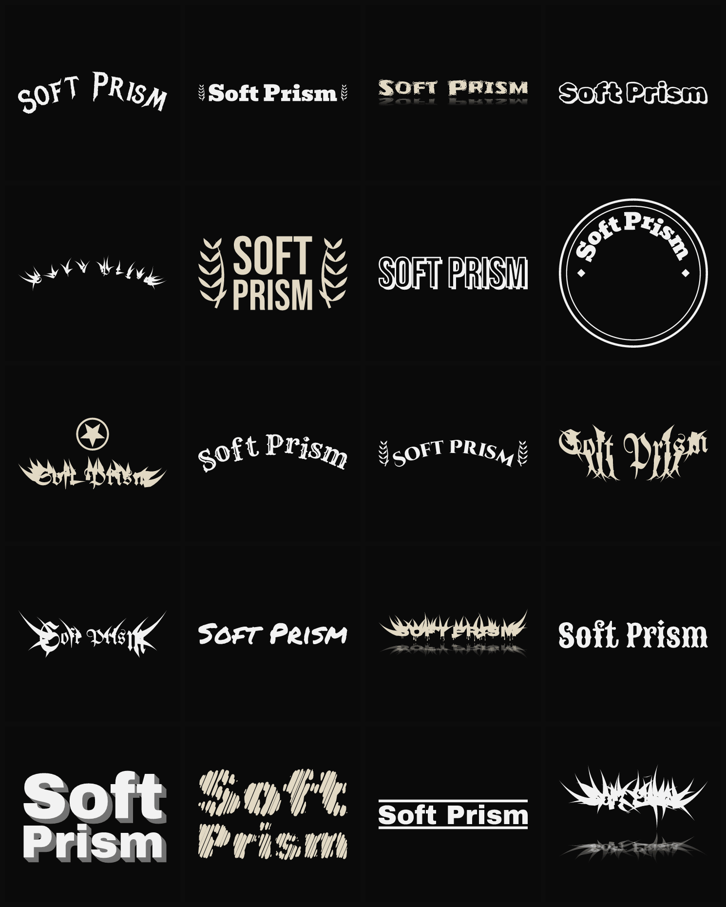 Twenty Soft Prism band logo ideas — different faces, treatments and spike settings