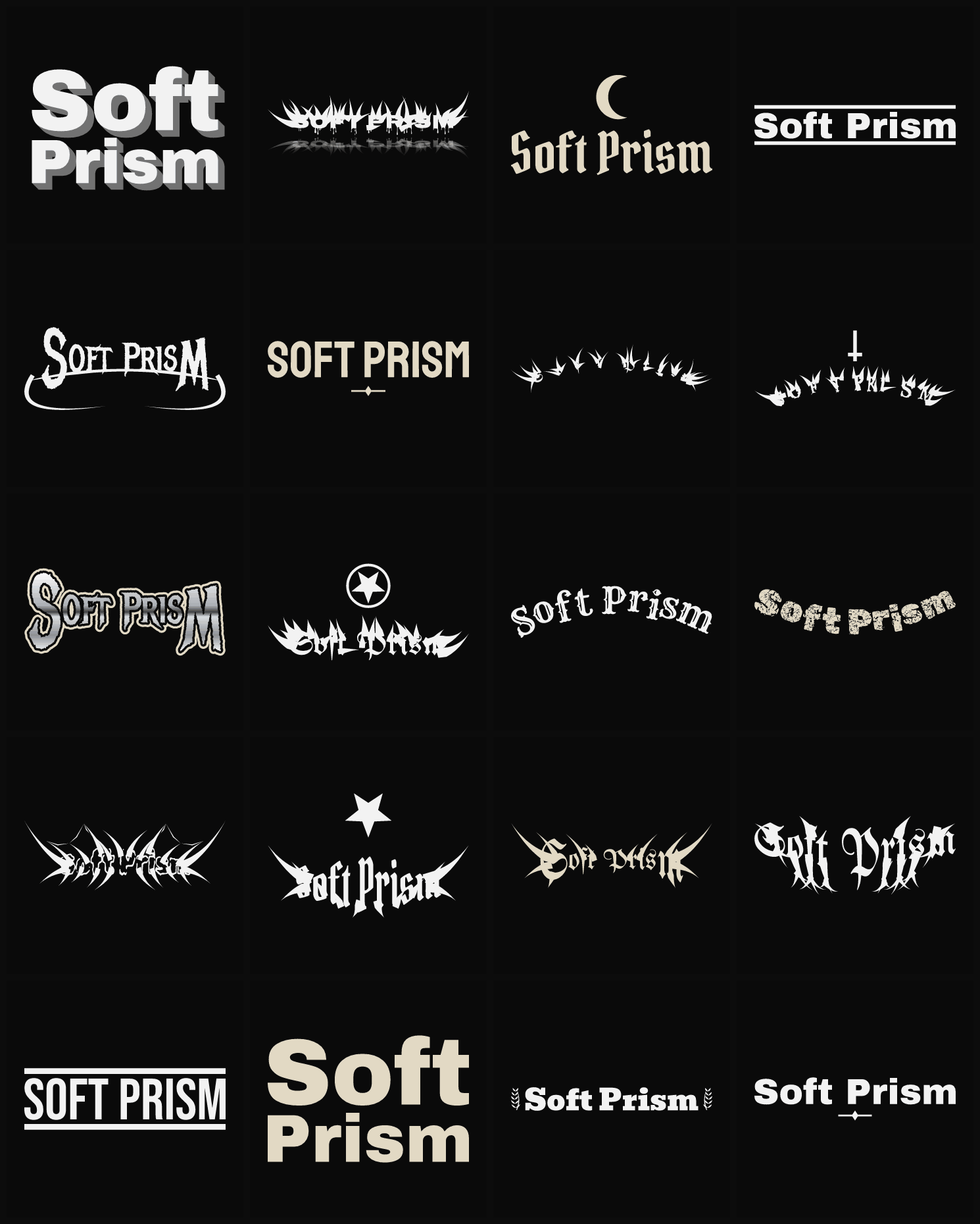 Twenty Soft Prism band logo ideas — different faces, treatments and spike settings
