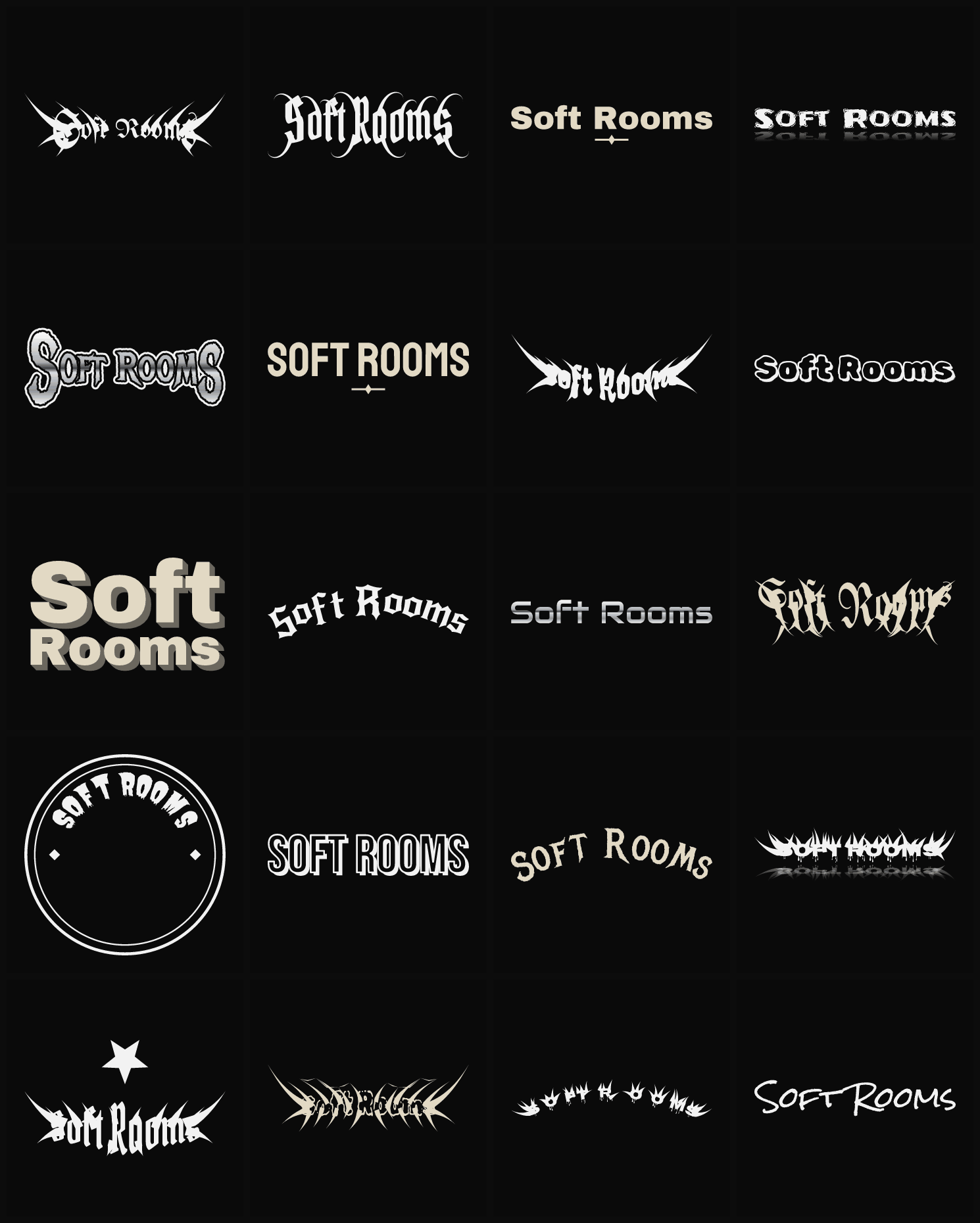Twenty Soft Rooms band logo ideas — different faces, treatments and spike settings
