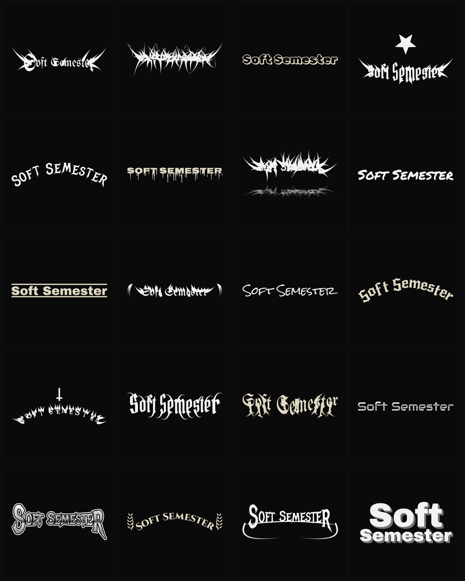 Twenty Soft Semester band logo ideas — different faces, treatments and spike settings