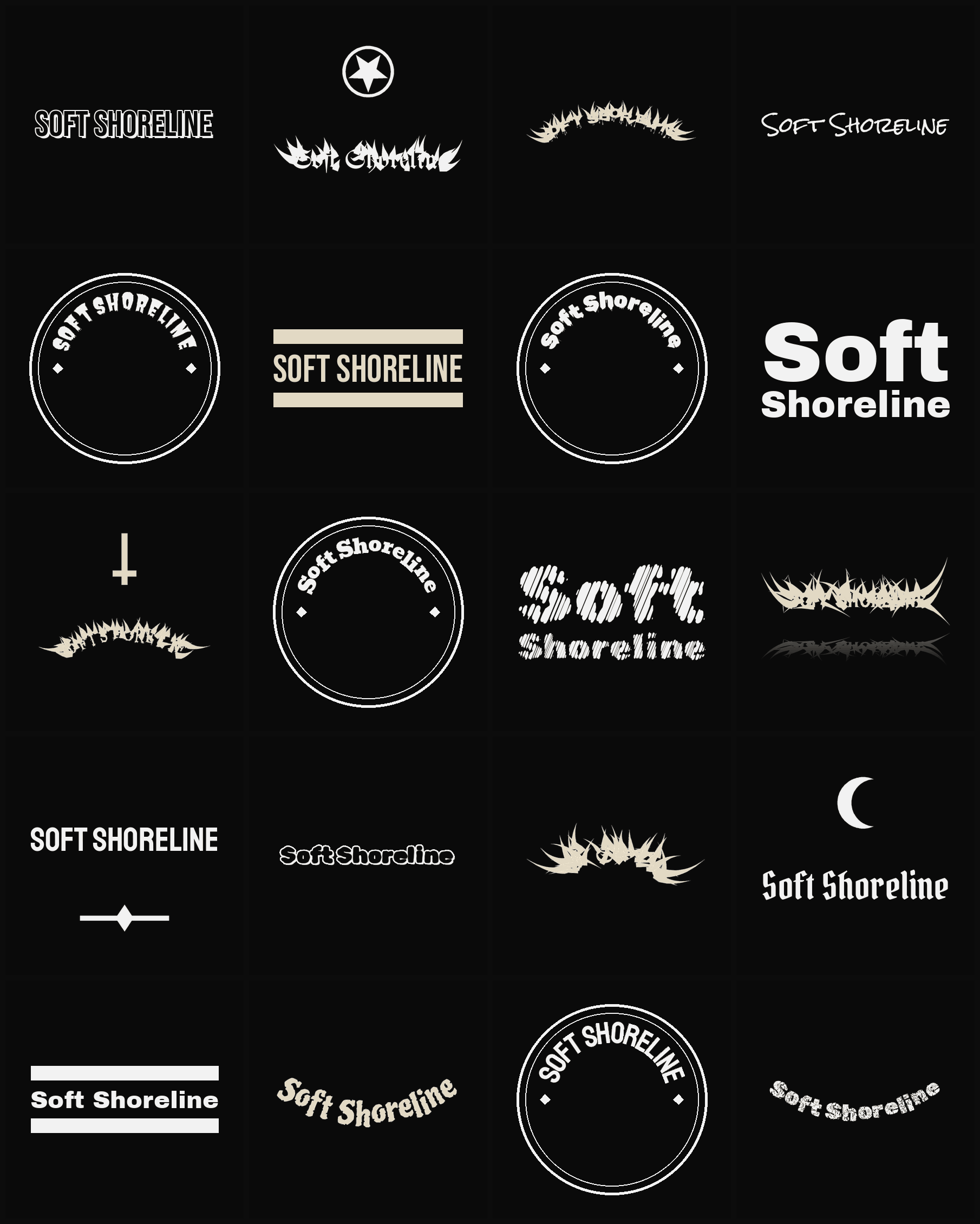 Twenty Soft Shoreline band logo ideas — different faces, treatments and spike settings