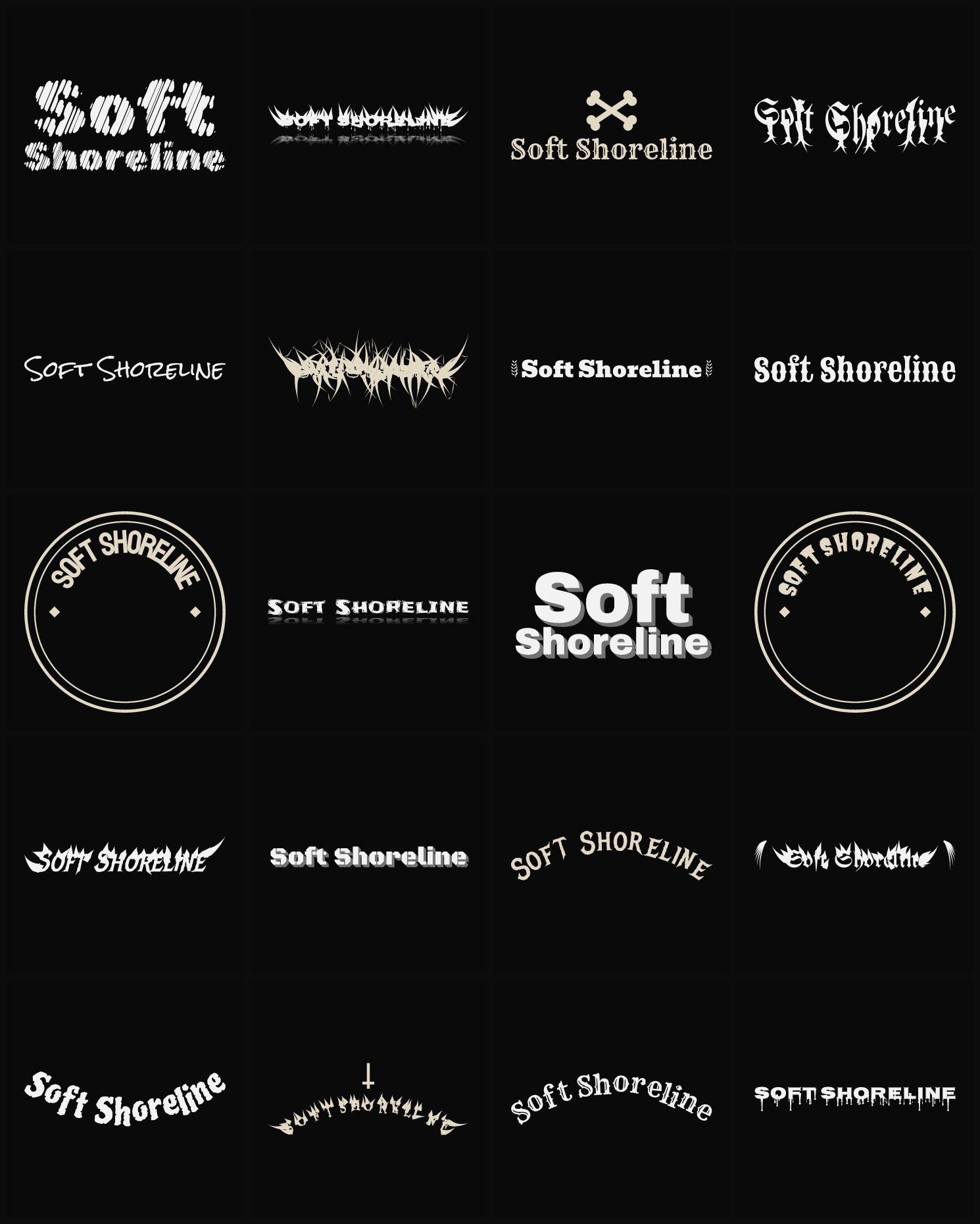 Twenty Soft Shoreline band logo ideas — different faces, treatments and spike settings