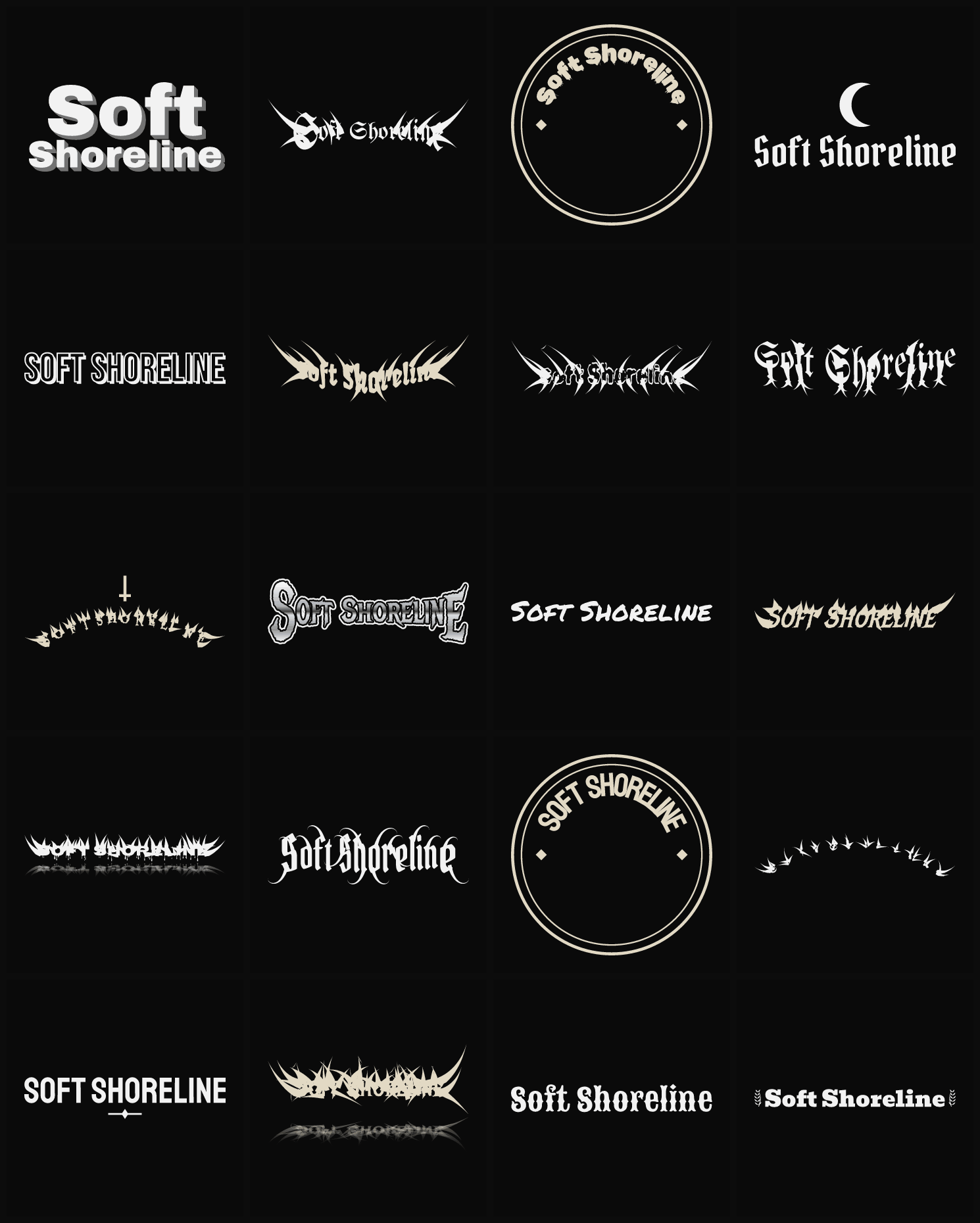 Twenty Soft Shoreline band logo ideas — different faces, treatments and spike settings