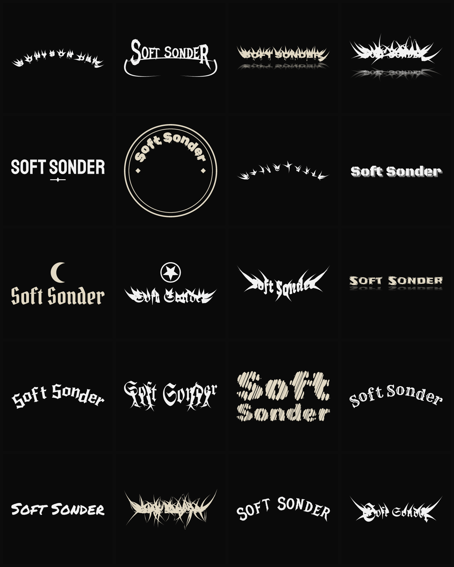 Twenty Soft Sonder band logo ideas — different faces, treatments and spike settings